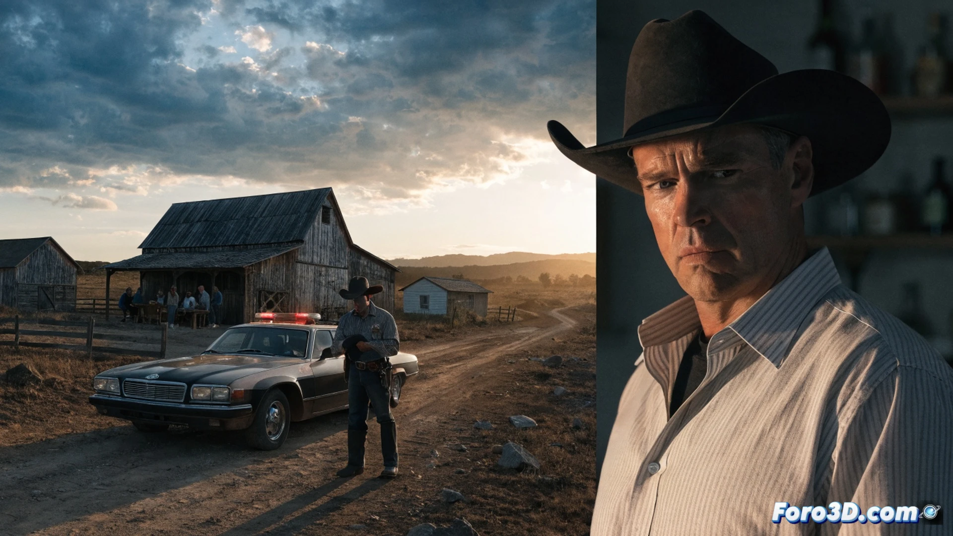sheriff Joe Bob Coates walking through a dusty Texas ranch at sunset, holding a weathered revolver while examining tire tracks near a barbed wire fence, distant windmill silhouette against orange sky, cinematic western noir style, deep shadows on his face and leather jacket, dramatic golden hour lighting, film grain texture, wide-angle lens perspective, photorealistic illustration, gritty atmospheric dust particles floating in warm light, tense investigative action, 2003 pickup truck parked on dirt road in background