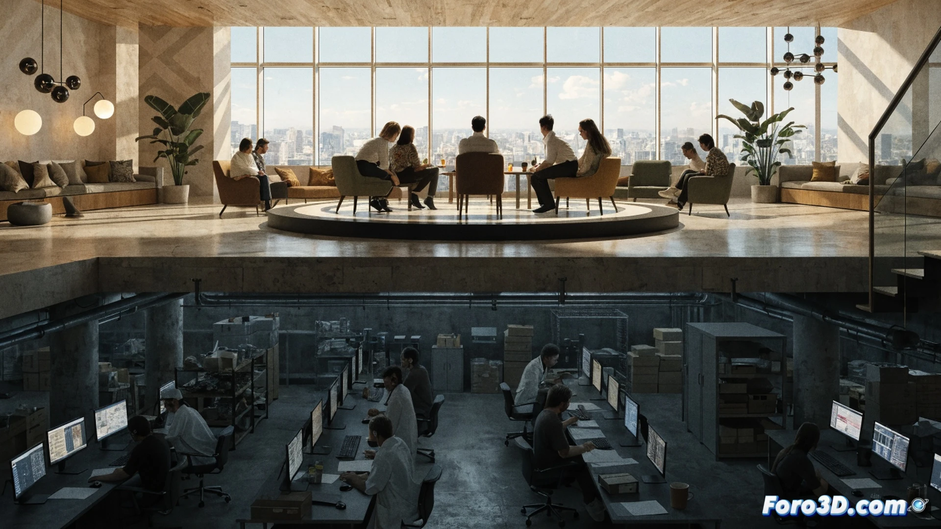 Eight numbered floors stacked vertically in a concrete building interior, a man on the top floor pressing a glowing timer button while a woman on the bottom floor scrubs a metal floor with a worn brush, sweat dripping, coins falling slowly from above past each level, cinematic photorealistic style, dramatic chiaroscuro lighting, cold blue light from upper floors contrasting with warm amber light below, dust particles suspended in shafts of light, visible cracks in concrete walls, metallic railings reflecting faint numbers, hyper-detailed textures of worn tools and frayed clothing, wide-angle lens emphasizing height and isolation