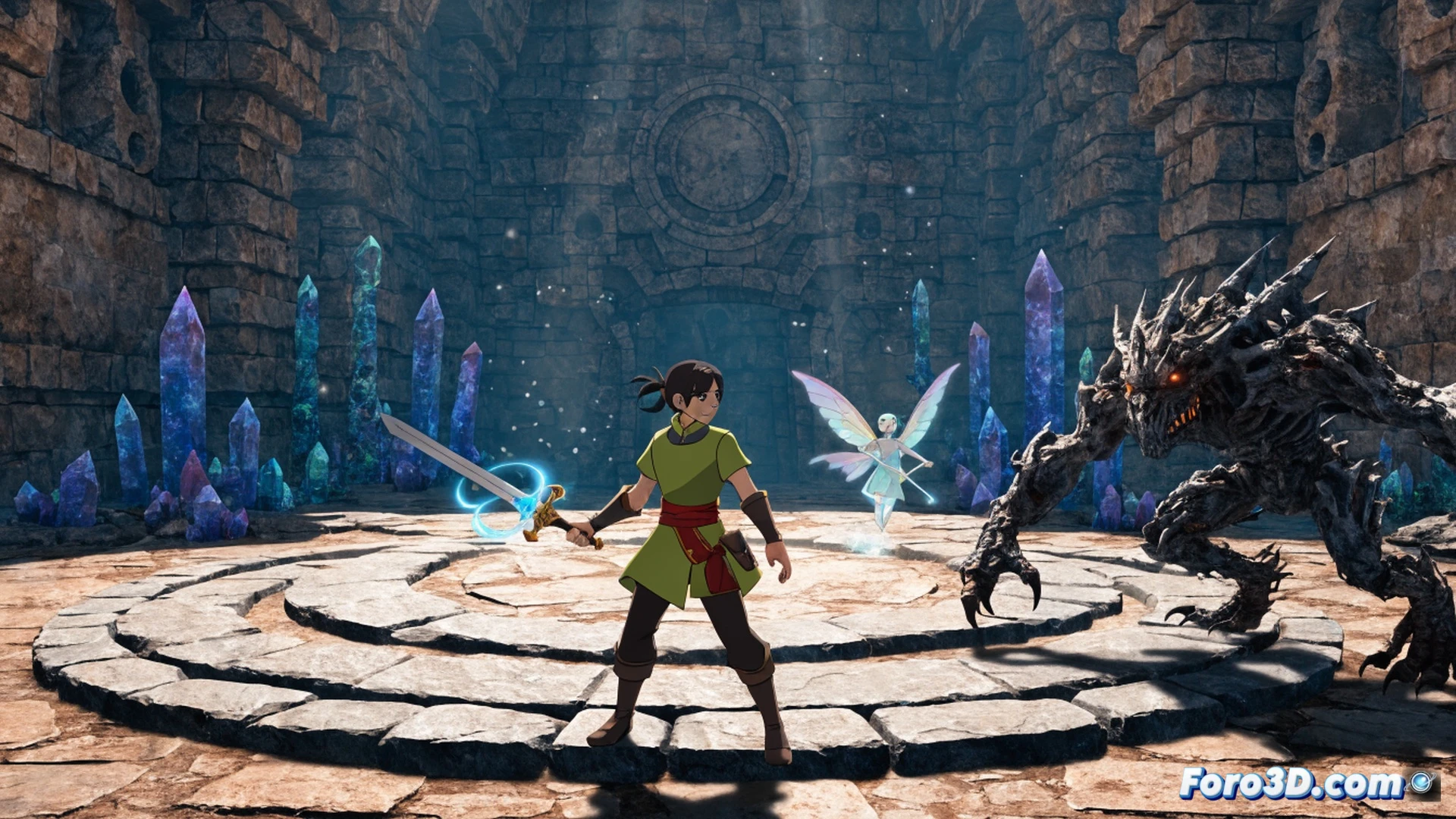 RPG action scene in a lush HD-2D forest transitioning to 3D, protagonist Elliot swinging a glowing sword at a stone golem, particles of shattered rock flying outward, a small fairy companion casting a sparkling spell nearby, real-time combat motion blur, dynamic camera angle showing depth of field between foreground trees and distant mountains, hybrid pixel-art textures overlaid on volumetric lighting, cinematic fantasy illustration, glowing weapon trails, dramatic sunset lighting filtering through leaves, ultra-detailed environment with layered parallax, photorealistic technical render