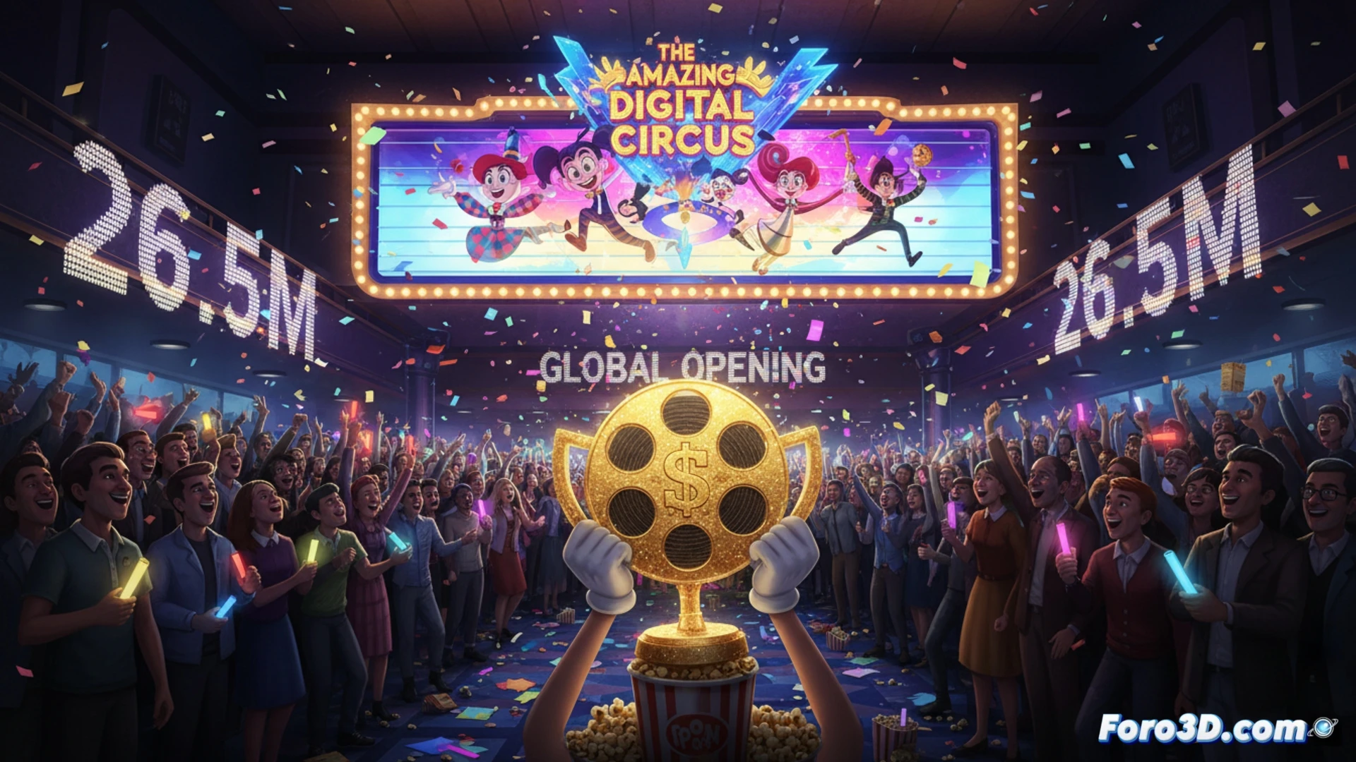 digital circus tent interior transformed into a high-tech animation studio, multiple computer monitors displaying 3D character rigging and timeline editing software, animators working on motion capture suits while rendering engines process scenes, a glowing box office ticker showing 26.5 million dollars in the background, cinematic engineering visualization, holographic graphs of global revenue climbing, cables and keyboards bathed in neon circus lights, photorealistic technical render, dramatic contrast between vintage circus props and modern digital workstations, motion blur on spinning rendering fans