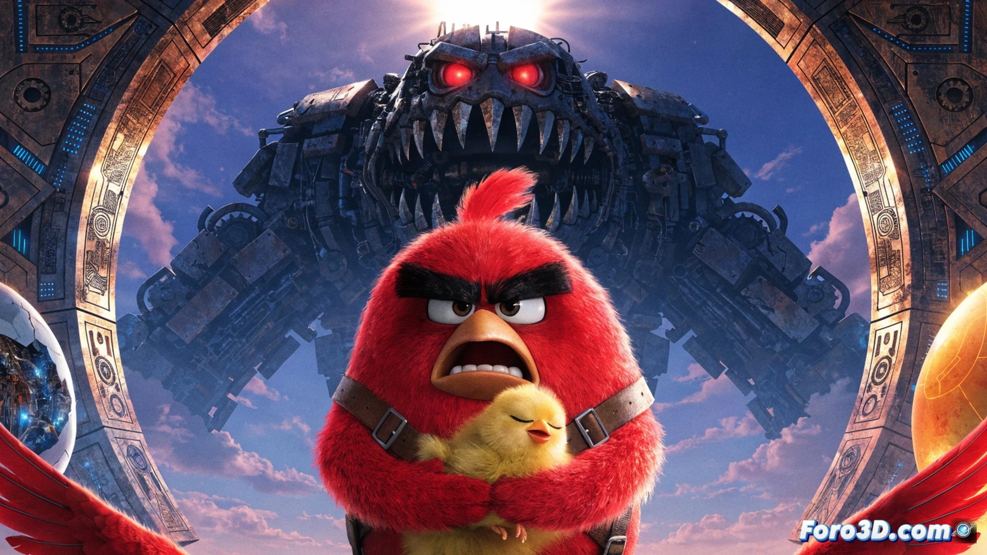 Angry Birds characters in a chaotic living room, Red wearing a baby sling while holding a smartphone showing a missile launch map, three tiny blue eggs in a nest on a table beside a laptop with CAD software open, Chuck running past with a wrench and a circuit board, Bomb defusing a toy bomb with a multimeter, cinematic action scene, warm Christmas tree lights in background, photorealistic animation style, dramatic shadows, flying feathers and popcorn, ultra-detailed bird feathers and plastic toys, family chaos meets high-tech rescue mission