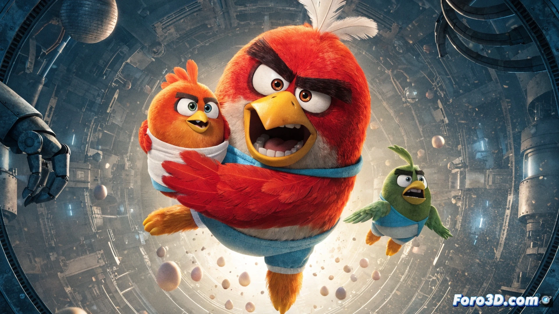 angry red bird in diaper holding a baby bottle while standing on a smartphone screen, smartphone displaying a world map with glowing red danger zones, green laser targeting system projecting from the phone, broken eggshells and baby pacifiers scattered on a metallic table, cinematic engineering visualization, dramatic side lighting, photorealistic textures, glowing UI elements floating around the scene, mechanical bird nest with circuit board patterns, action shot showing the bird pressing a button on the phone with its wing, ultra-detailed feathers and plastic surfaces,