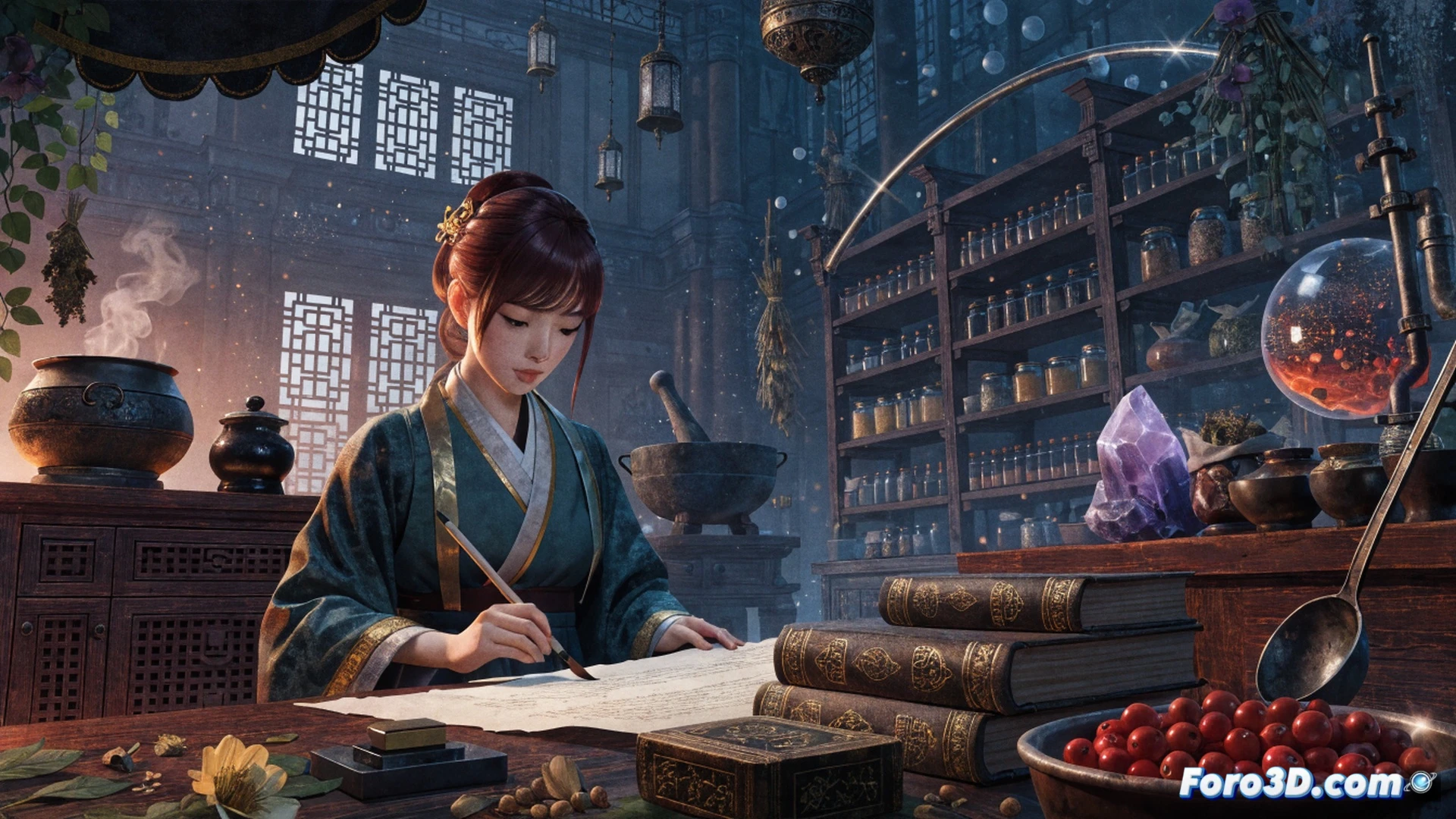 Maomao examinando un frasco de medicina en un consultorio digital, interfaz de juego táctil mostrando inventario de hierbas y píldoras, manos sosteniendo un smartphone mientras la pantalla despliega el palacio imperial en 2D, engranajes mecánicos de un motor de navegador girando detrás de la escena, tablet PC junto al móvil con el mismo juego abierto, partículas de polvo de medicina flotando alrededor, estilo cinematic technical illustration, iluminación suave de estudio, texturas de madera y papel antiguo, colores cálidos y sombras suaves, ultra-detallado, photorealistic render