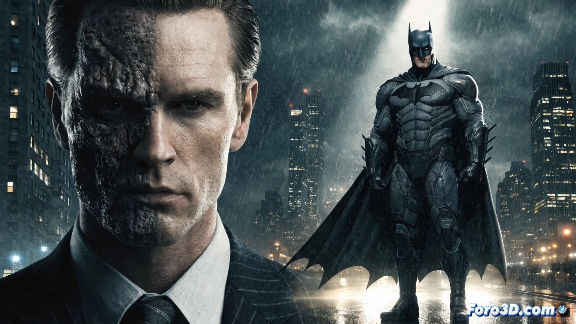 Gotham City skyline at dusk, two figures standing on a rooftop edge, one casting a long shadow shaped like a cracked coin, the other observing a digital tablet showing Harvey Dent case files, rain streaks across a forensic light table with evidence markers, cinematic photorealistic style, dramatic noir lighting, dark blue and amber tones, water droplets on camera lens, ultra-detailed city reflections in puddles, action of handing a file while shadow grows longer, technical demonstration of evidence analysis process