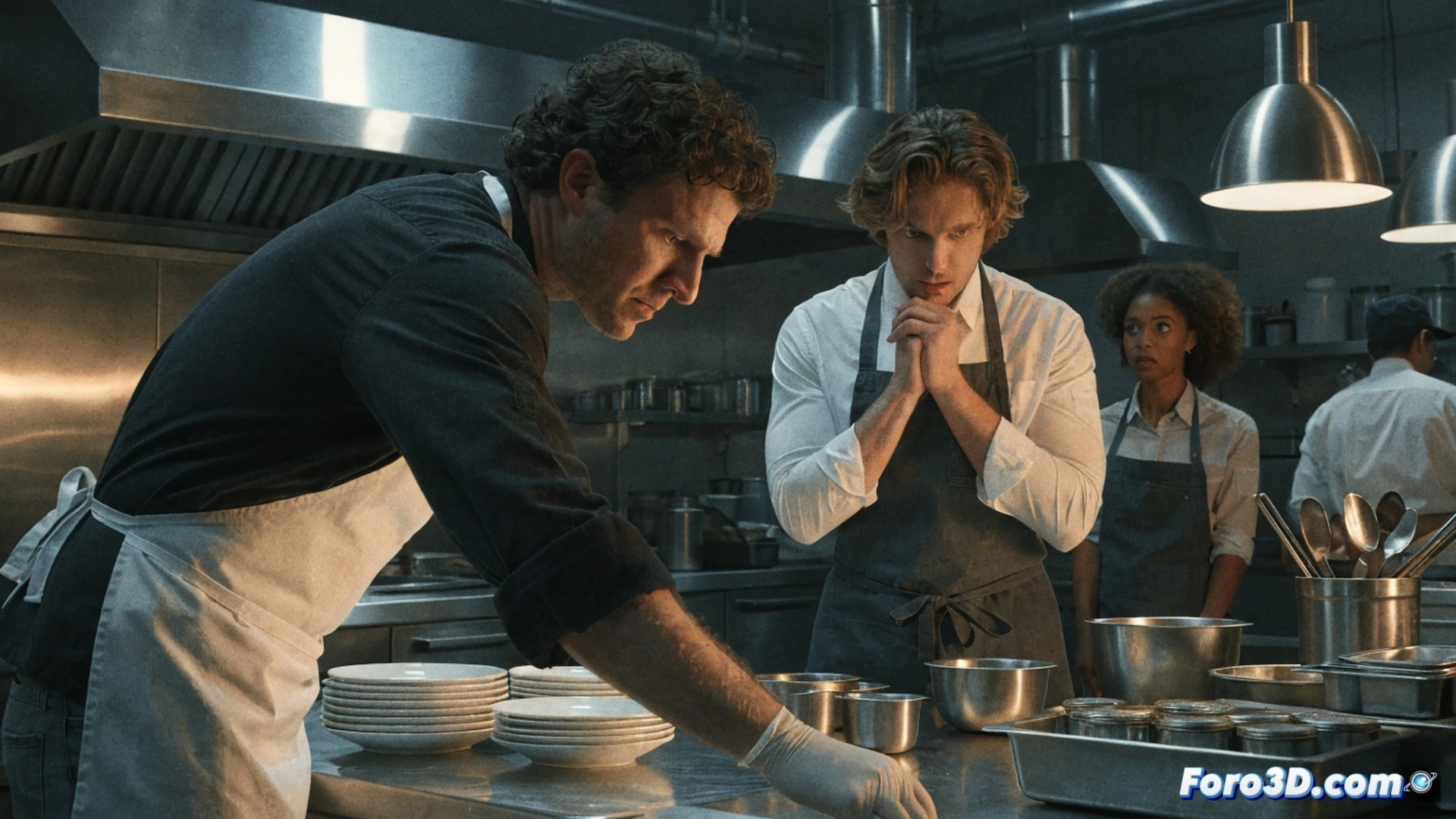 close-up of a chaotic commercial kitchen battle station, chef hands gripping a stained chef knife while slicing a tomato at high speed, steam rising from a hot pan, scattered flour and herbs on a metal counter, a broken timer and scattered recipe notes in the background, intense motion blur on a falling whisk, dramatic overhead fluorescent lighting casting harsh shadows, photorealistic cinematic style, ultra-detailed stainless steel surfaces and food splatters, raw energy of a stressful service rush