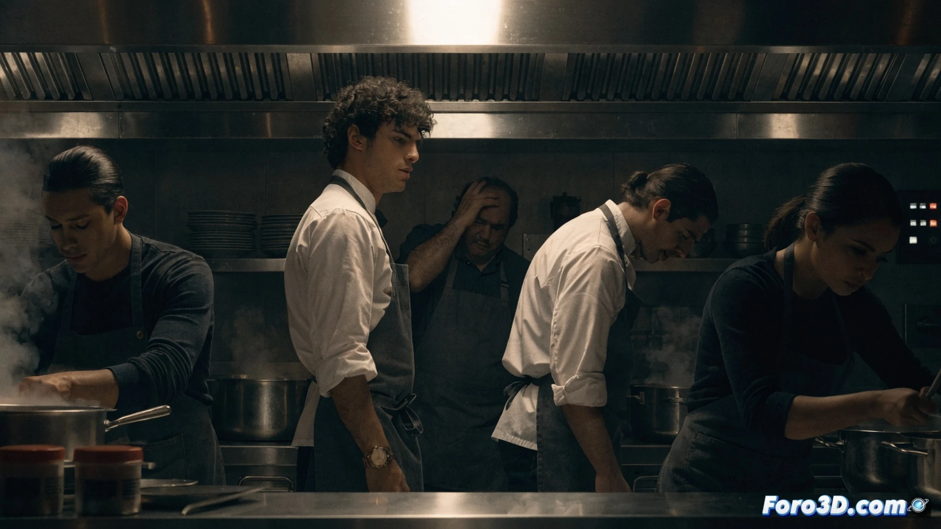 close-up of a busy professional kitchen during peak service, chef Carmy’s hands gripping a hot stainless steel pan while steam rises from a flaming stove, a line cook rapidly slicing onions on a cutting board, sweat dripping, a digital kitchen display showing order tickets piling up, another cook reaching for a hanging ladle, all under harsh fluorescent lights, chaotic motion blur, steam and smoke mixing, worn aprons and scratched countertops, cinematic photorealistic style, intense dramatic shadows, emotional tension visible in strained faces and fast arm movements, gritty documentary look