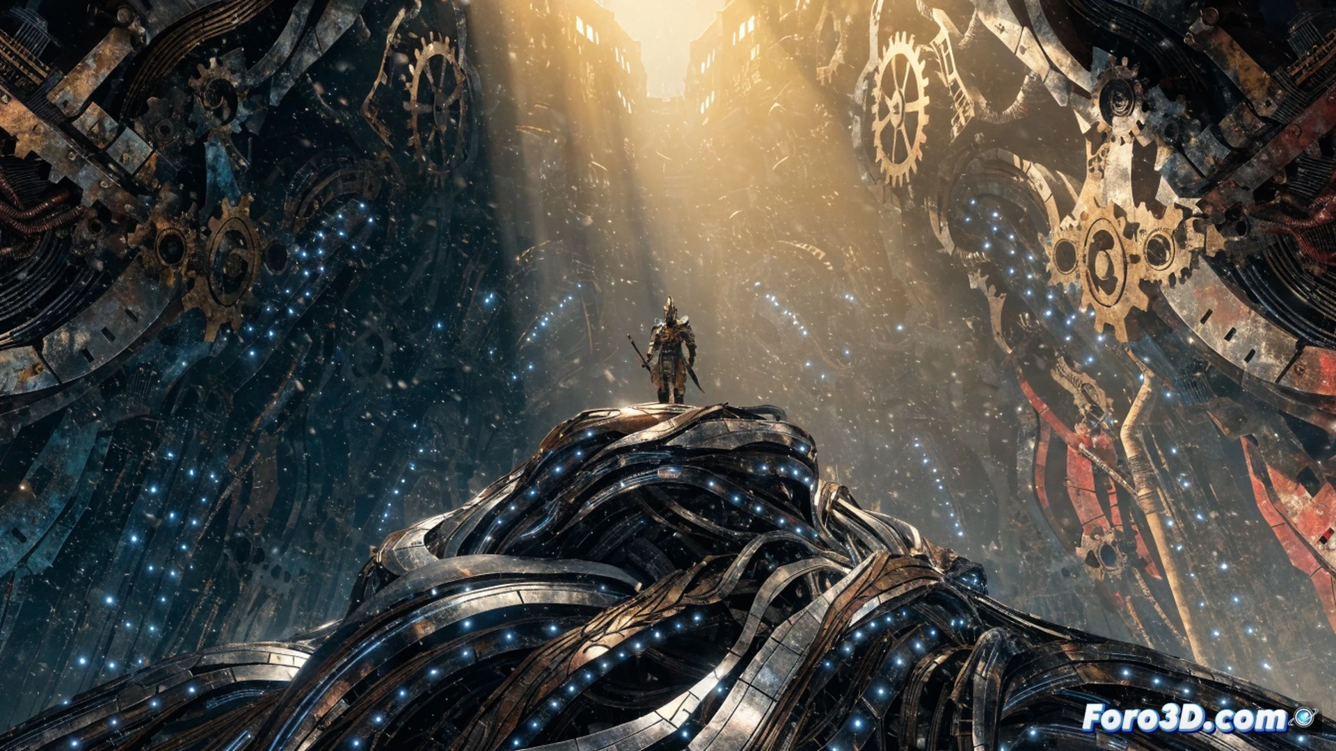 cinematic shot of a gaming PC interior with a glowing GTX 1060 graphics card being installed into a motherboard, while an RX 580 and RTX 4060 hover in the background as upgrade options, a medieval fantasy RPG character holding a glowing dawnstone sword stands reflected in the glass side panel, showing the connection between accessible hardware and immersive gameplay, technical illustration style, photorealistic metallic and RGB lighting, dust particles in the air, subtle motion blur during the installation process, dramatic low-angle lighting from the PC fans