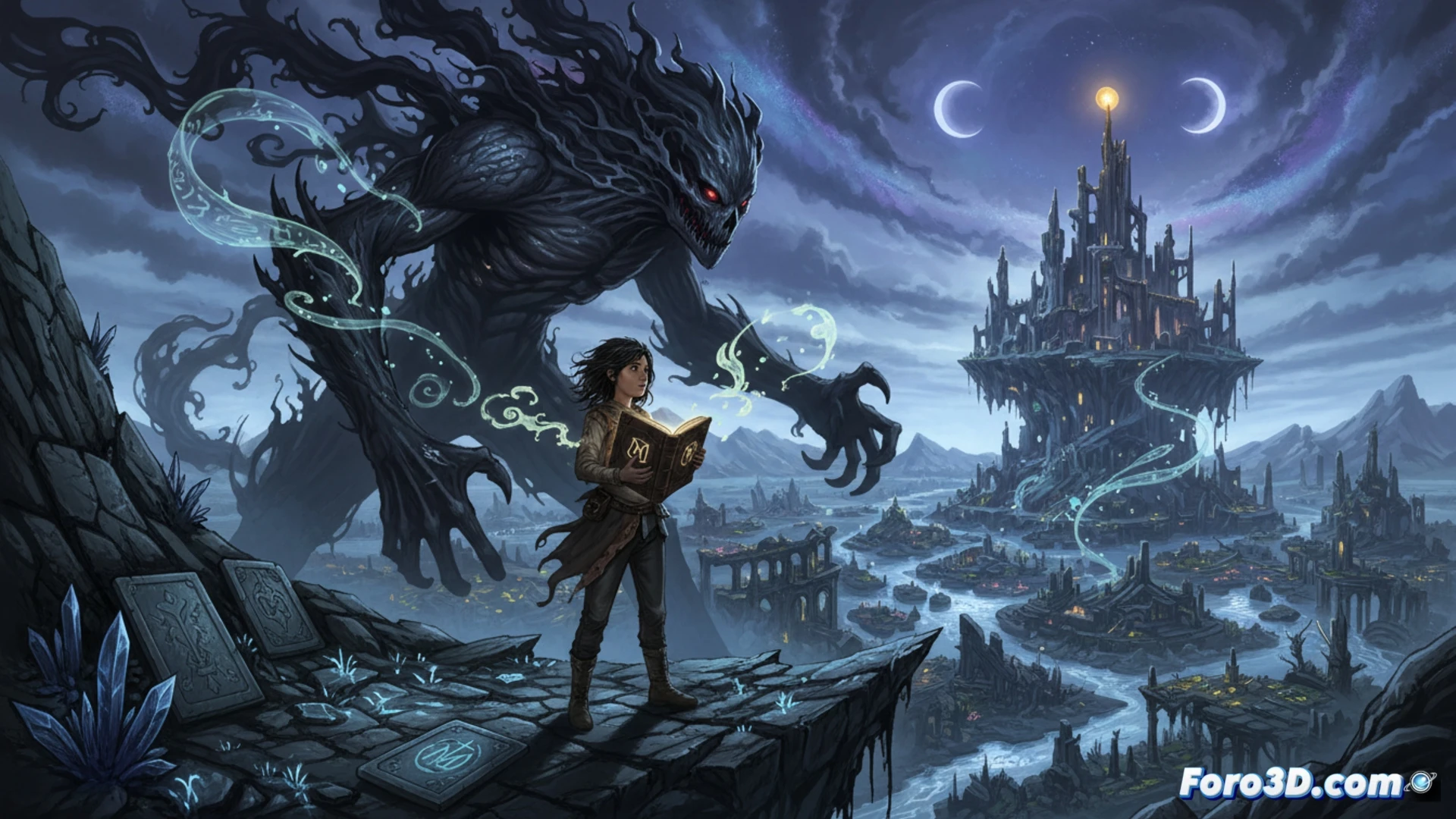 young girl in tattered cloak standing on crumbling stone bridge, facing a massive shadowy creature with elongated limbs and glowing eyes, broken mechanical gears and clockwork fragments scattered around, glowing magical runes floating in the dark misty air, cinematic fantasy visualization, dark gothic forest background with twisted trees, dramatic side lighting casting long shadows, motion blur on the girl's hair as she raises a small metallic amulet, photorealistic fantasy illustration, intricate details on the creature's scale texture and the bridge's cracked masonry, moody blue and violet color palette, high-contrast atmospheric fog