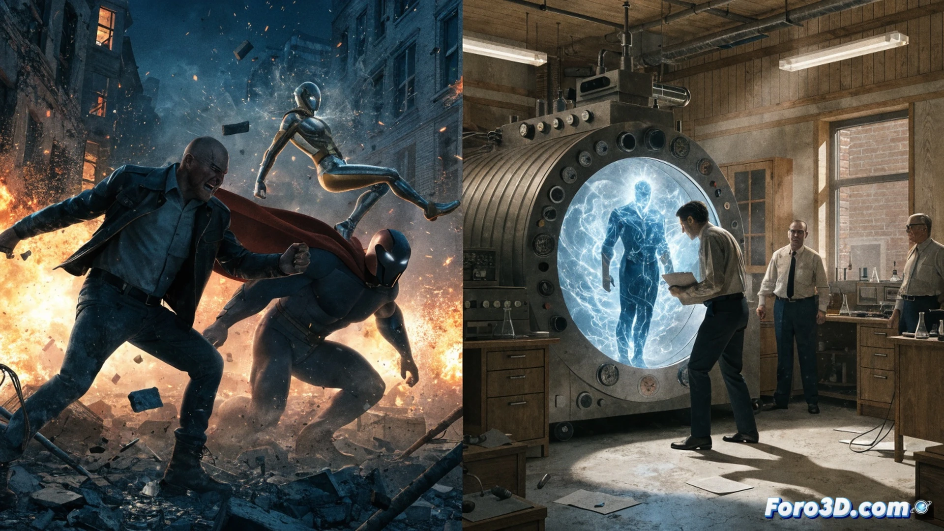retro laboratory scene from 1950s, scientists in white coats observing a glowing Vought serum being injected into a muscular test subject strapped to a metal chair, large analog gauges and oscilloscopes display rising voltage, vintage computer reels spin nearby, green liquid flows through glass tubes into a pressurized chamber, cinematic photorealistic illustration, dramatic shadows from overhead industrial lamps, cold steel equipment, smoke rising from a broken cathode ray tube, tense action during the first superhuman creation process, gritty noir aesthetic
