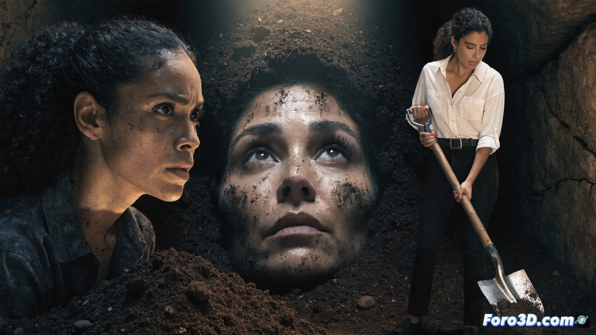 nighttime desert excavation scene, a woman burying a bound figure in a shallow grave, another woman watching from a car with a shovel in hand, dirt-covered hands gripping a rusted spade, cracked dry earth, car headlights casting harsh shadows, dramatic chiaroscuro lighting, cinematic photorealistic style, tense action sequence, dust particles floating in the beam, tire tracks leading away, weathered wooden fence in background, ultra-detailed textures on soil and clothing, high-contrast filmic color grading, emotional intensity captured in frozen motion
