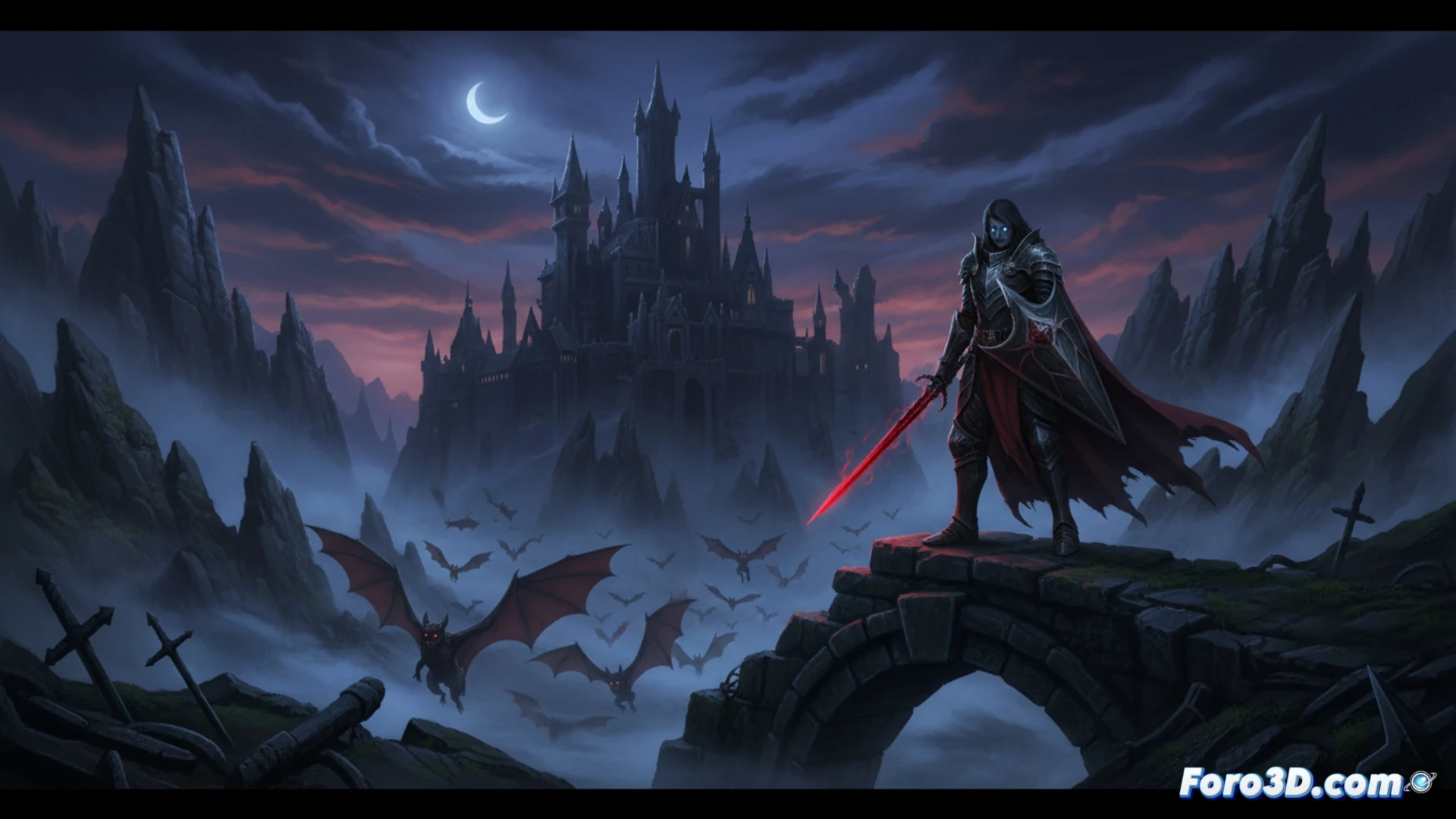 gothic vampire hunter wielding a silver rapier and a mechanical crossbow in a moonlit cathedral ruin, performing a tactical parry against a shadowy winged creature, glowing red eyes in the dark, particle effects of blood and shattered stained glass floating in mid-air, cinematic action scene, dark fantasy atmosphere, intricate armor details with runic engravings, dramatic volumetric lighting through broken arches, mist swirling around stone pillars, ultra-detailed textures on the hunter’s leather coat and metal gauntlets, photorealistic technical illustration with high contrast shadows