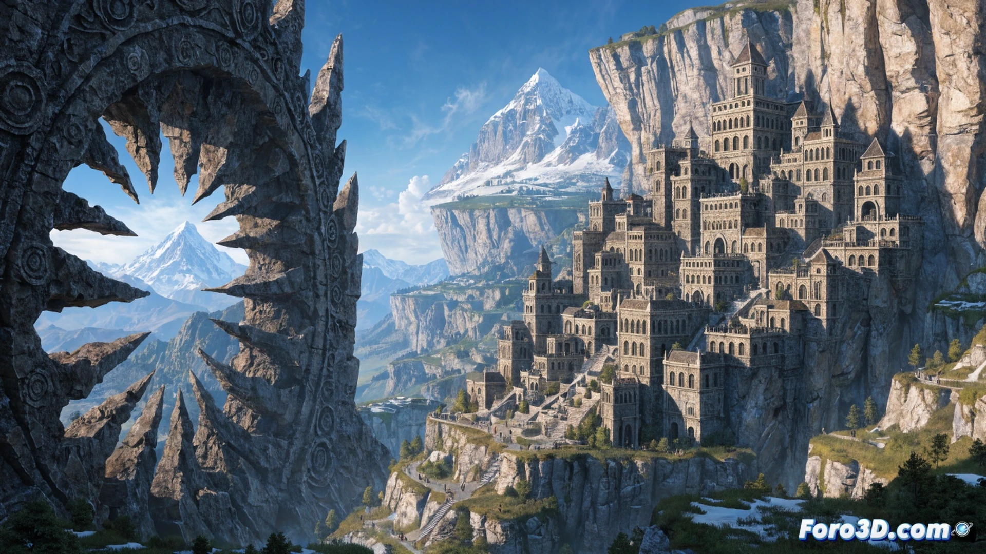 Bethesda game studio concept art team working on a massive fantasy world map, multiple monitors displaying 3D terrain sculpting software, developers adjusting medieval castle architecture and dragon skeleton models, scale comparison showing a tiny human figure next to giant mountain structures, panoramic view of an unfinished continent with floating islands, cinematic engineering visualization, blue ambient lighting from screens casting on focused faces, mechanical drawing tools and styluses in action, photorealistic technical illustration of game development process