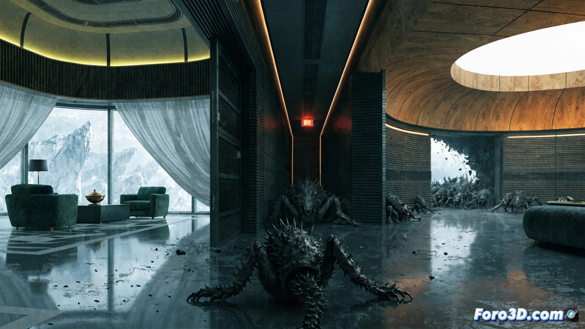 Luxury underground bunker interior breached by mutated vegetation, reinforced glass wall cracking under pressure from glowing invasive roots, high-tech climate control panels sparking while displaying broken time-dilation readings, luxury furniture being overtaken by organic growth, cinematic photorealistic engineering visualization, dramatic contrast between sterile white surfaces and bioluminescent green tendrils, emergency red lights casting shadows, debris particles suspended in mid-air, ultra-detailed mechanical ventilation ducts being crushed by plant mass, tension-filled action scene showing the moment of containment failure