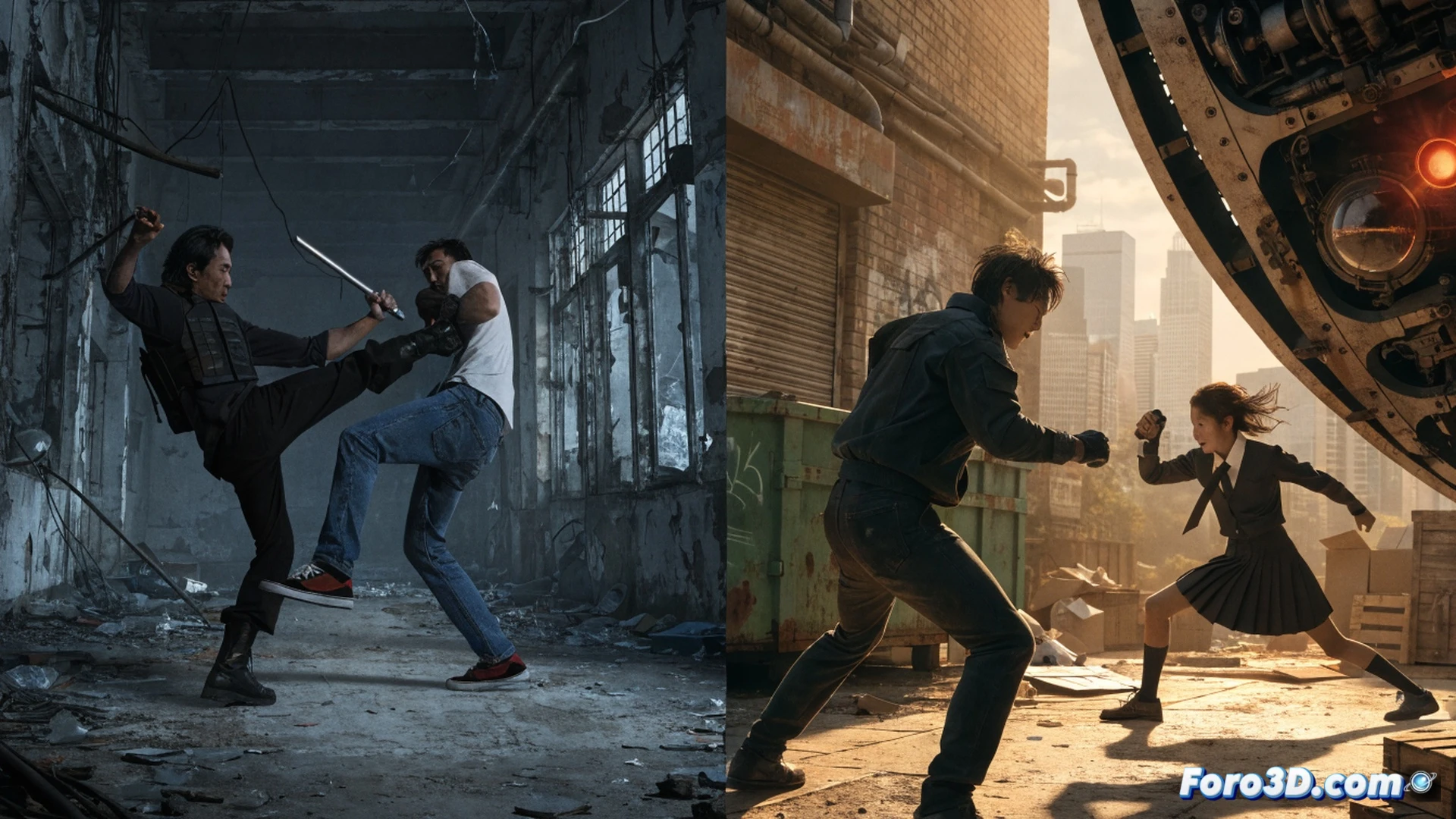 Action scene from intense martial arts film, close-combat rescue sequence in narrow concrete corridor, male protagonist in dark tactical vest executing precise elbow strike to opponent jaw while shielding young girl behind him, broken fluorescent lights flickering overhead, scattered debris on floor from previous fight, cinematic photorealistic action shot, dynamic motion blur on striking limbs, sweat droplets frozen mid-air, dramatic low-angle lighting with cool blue shadows and warm orange highlights, ultra-detailed fabric wrinkles and skin texture, realistic impact effect with dust particles, 8K cinematic render style
