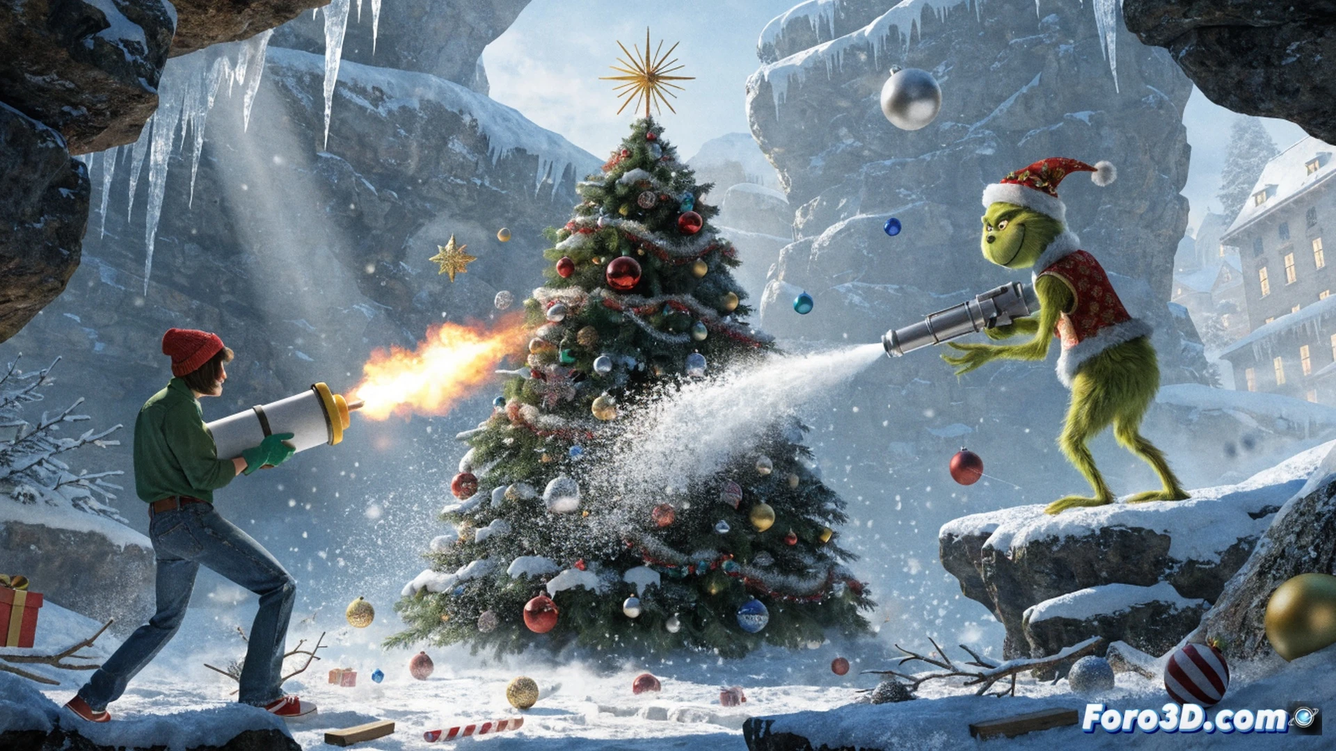 The Grinch and a small Who child cooperatively launching a red rocket-propelled ornament toward a massive Christmas tree in Whoville, green lanzanieves gun on the ground, glowing tinsel and flying snow particles mid-action, cozy living room with festive decorations, two game controllers on a nearby table, split-screen effect showing both characters from different angles, cinematic family-friendly style, warm holiday lighting, soft focus background, photorealistic technical illustration, dynamic motion blur on the rocket trail