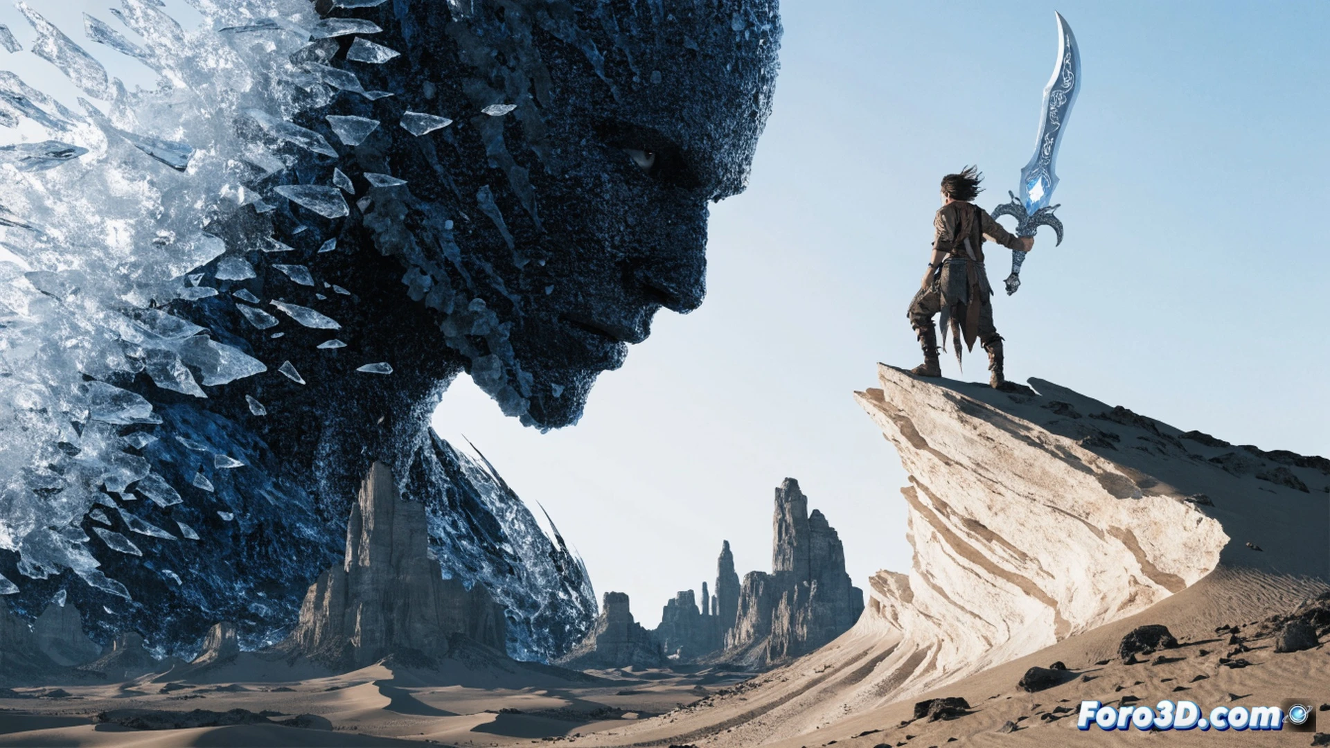 young warrior gripping glowing sword on cracked desert planet, sand swirling around his feet while a massive water-draining deity looms overhead, dark fantasy style, cinematic composition, arid wasteland stretching to horizon, jagged rock formations in background, sword emitting faint blue light contrasting with dusty orange sky, action scene showing blade raised mid-strike, technical illustration with dramatic shadows, dust particles suspended in air, photorealistic render with intense lighting, mechanical details on hilt and armor, no text or letters