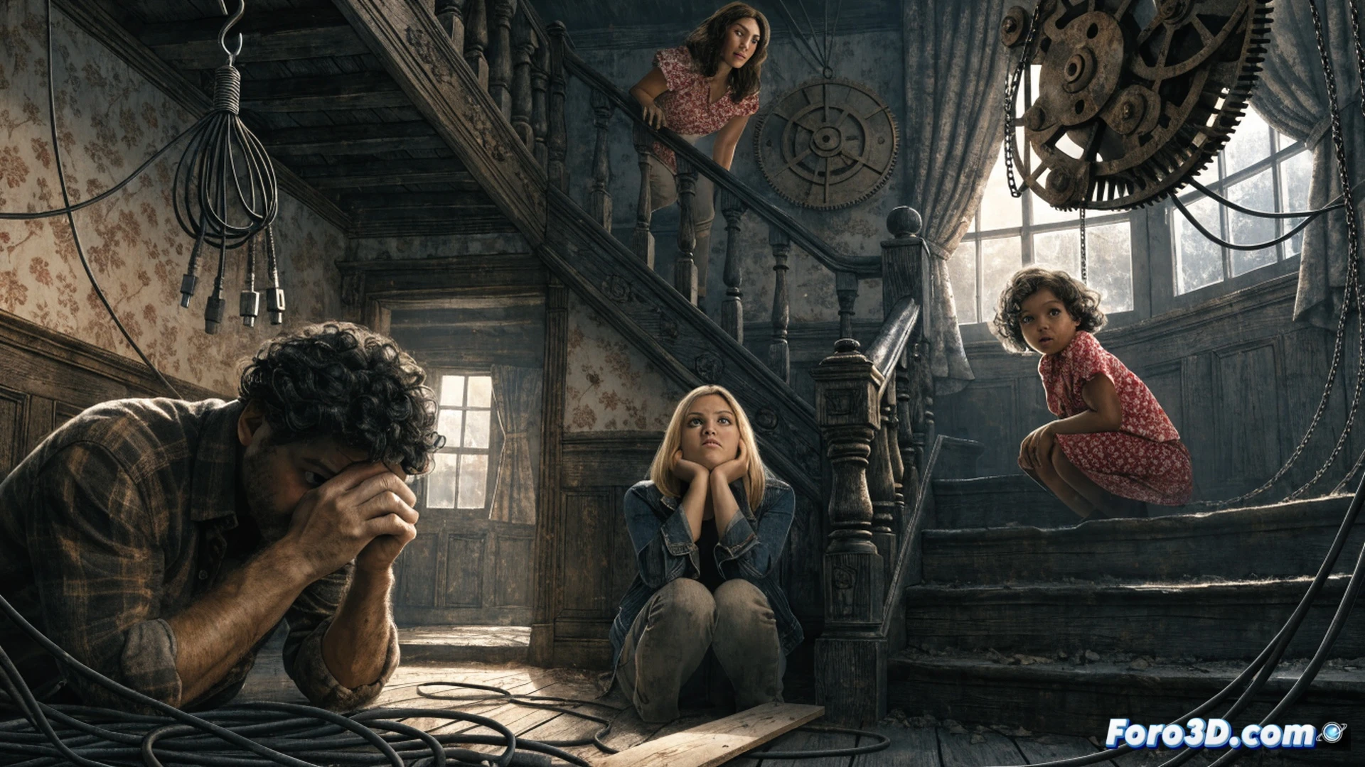 A family of four trapped inside a modern house during a blackout, father using a crowbar to pry open a sealed front door while mother checks a dead smartphone screen for signal, children huddled near a dim emergency lamp, water bottles scattered on kitchen floor, cracked drywall showing hidden metal bars behind, cinematic photorealistic thriller style, claustrophobic wide-angle shot, dust particles floating in harsh flashlight beam, sweaty desperate expressions, hyper-detailed interior textures, tense dramatic lighting with deep shadows, ultra-realistic home interior