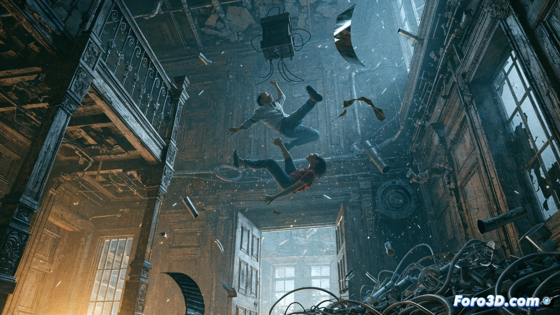 A family huddled in a dark living room, father using a hammer to pry open a floorboard, mother holding a flashlight revealing a hidden basement hatch, son pointing at a cracked window where a glowing green tendril enters, smart home thermostat display showing oxygen depletion warning, overturned furniture and scattered survival gear, cinematic photorealistic horror scene, claustrophobic atmosphere, dramatic chiaroscuro lighting, ultra-detailed textures of wood splinters and dust particles, tense action moment showing escape attempt.