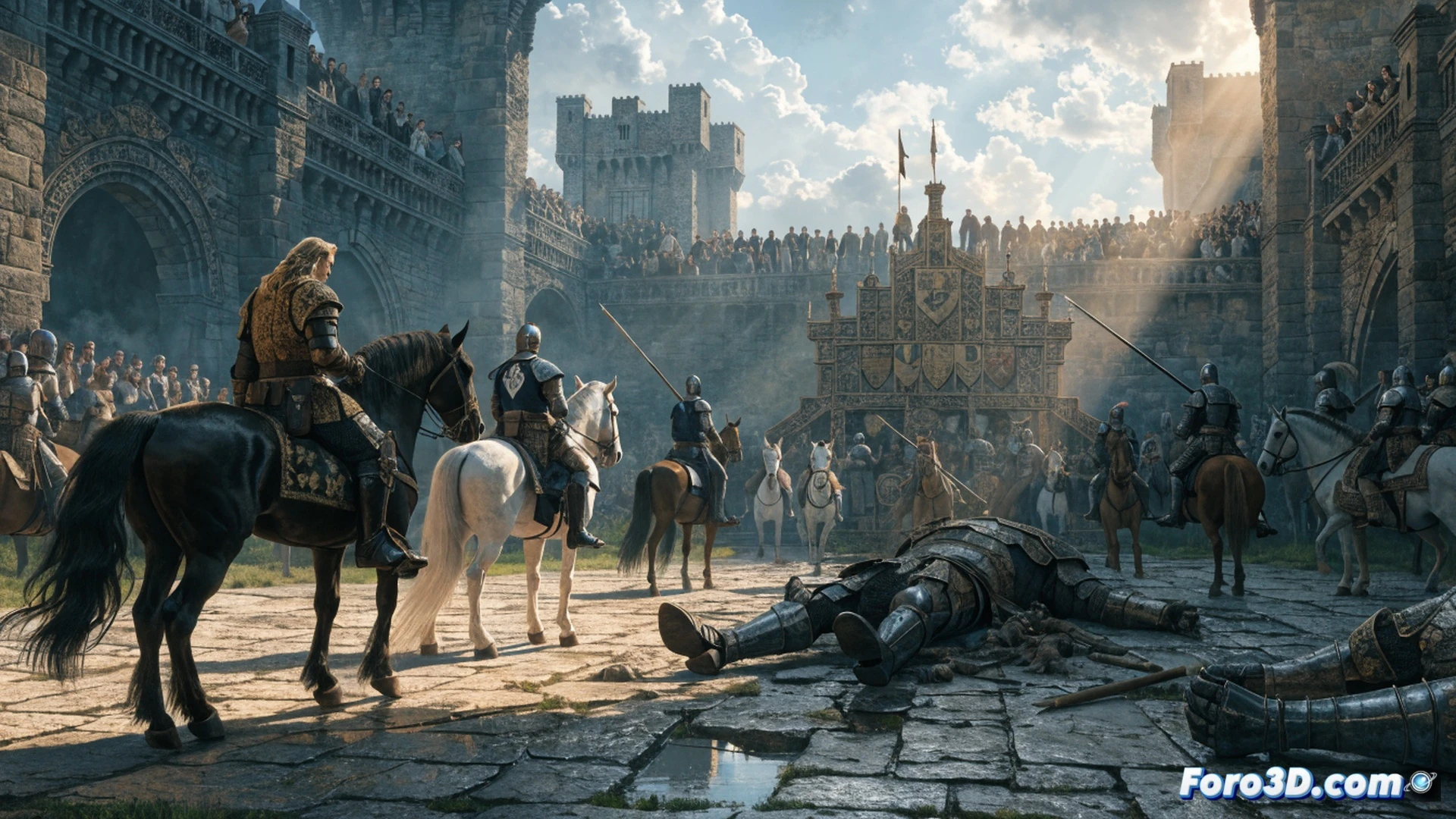 Medieval tournament scene at Harrenhal castle, King Robert Baratheon in full armor swinging a warhammer during a jousting match, splintered lances flying through the air, horses rearing with armored riders, a massive stone castle backdrop with crumbling towers, dramatic sunset lighting casting long shadows, theatrical stage elements visible with rigging lights and wooden scaffolding, cinematic photorealistic style, intense motion blur on combatants, dust clouds rising from the ground, golden hour glow on metallic armor, detailed chainmail and heraldic banners torn by wind, epic battle atmosphere, ultra-detailed medieval armor textures