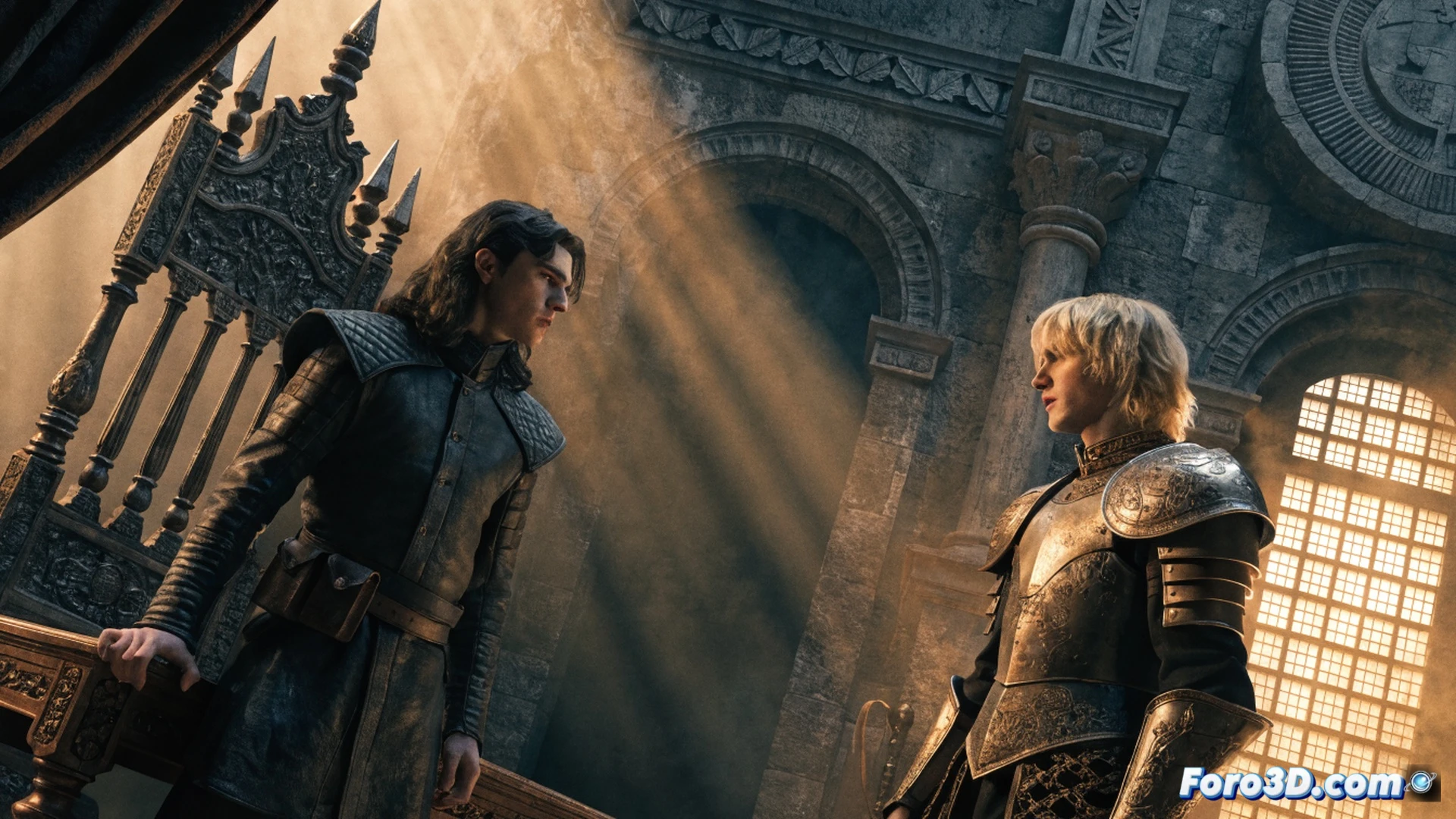Medieval stage set design for Game of Thrones prequel play, young Eddard Stark drawing a sword while Jaime Lannister watches from a stone balcony, technical theatrical lighting rigs hanging above the wooden stage, actors in detailed leather armor rehearsing a choreographed fight sequence, stagehands adjusting pulley systems for a massive castle backdrop, cinematic photorealistic visualization, dramatic amber and blue spotlights, dust particles floating in the air, intricate costume textures, realistic wooden floorboards with visible grain, theatrical smoke effects drifting across the scene, ultra-detailed historical fantasy aesthetic
