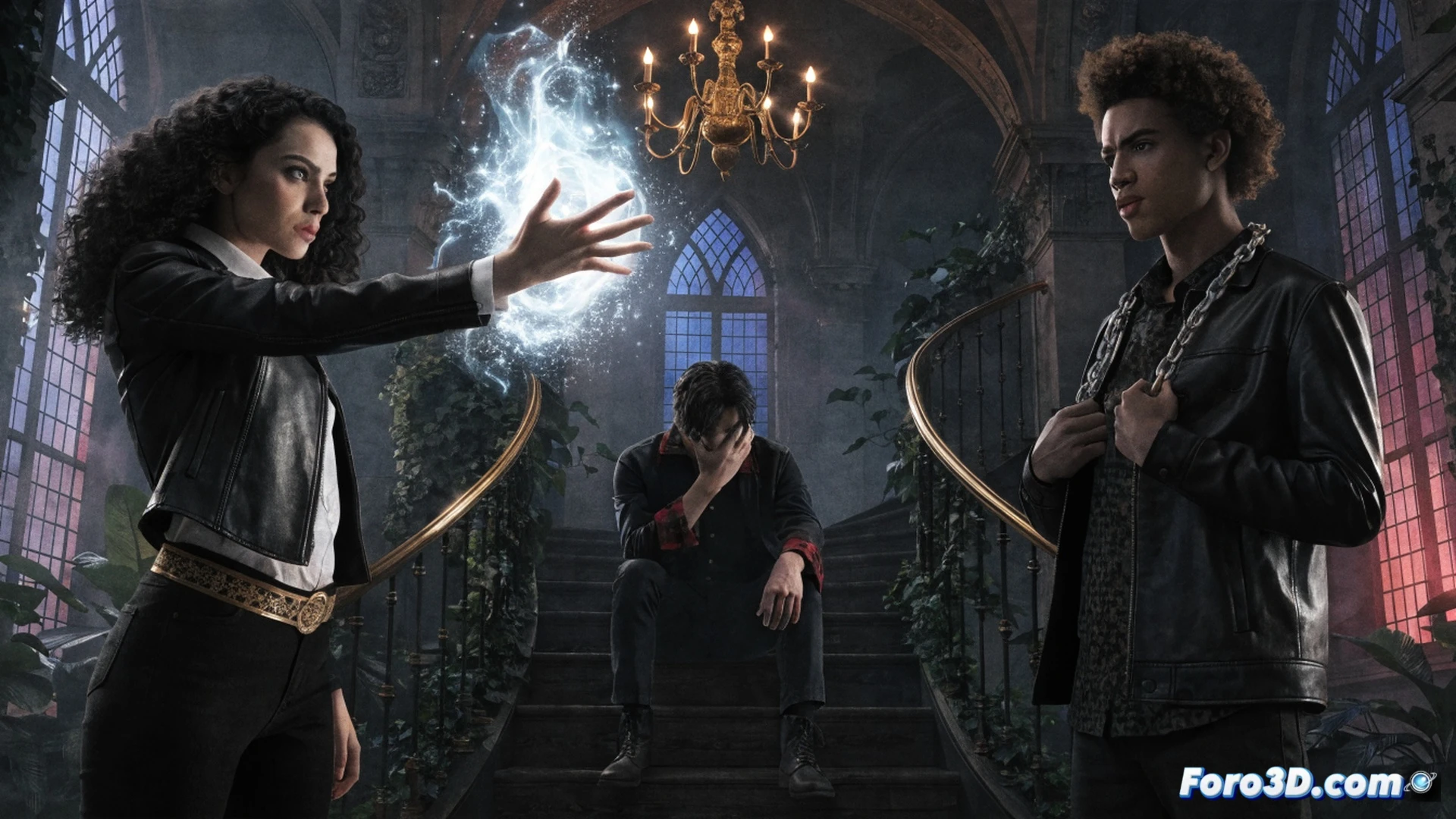 dark stone castle courtyard at night, a young man in a disheveled leather jacket casting a chaotic glowing spell, shimmering magical energy fracturing into geometric shards around his hands, a woman with a silver tattoo on her neck watching with a wary expression while holding a half-empty whiskey bottle, broken glass and scattered textbooks on wet cobblestones, cinematic photorealistic style, dramatic side lighting from the spell casting creating deep shadows, smoke rising from a smashed smartphone on the ground, moral ambiguity atmosphere, adult fantasy aesthetic, ultra-detailed textures on stone and leather, no text or letters visible anywhere
