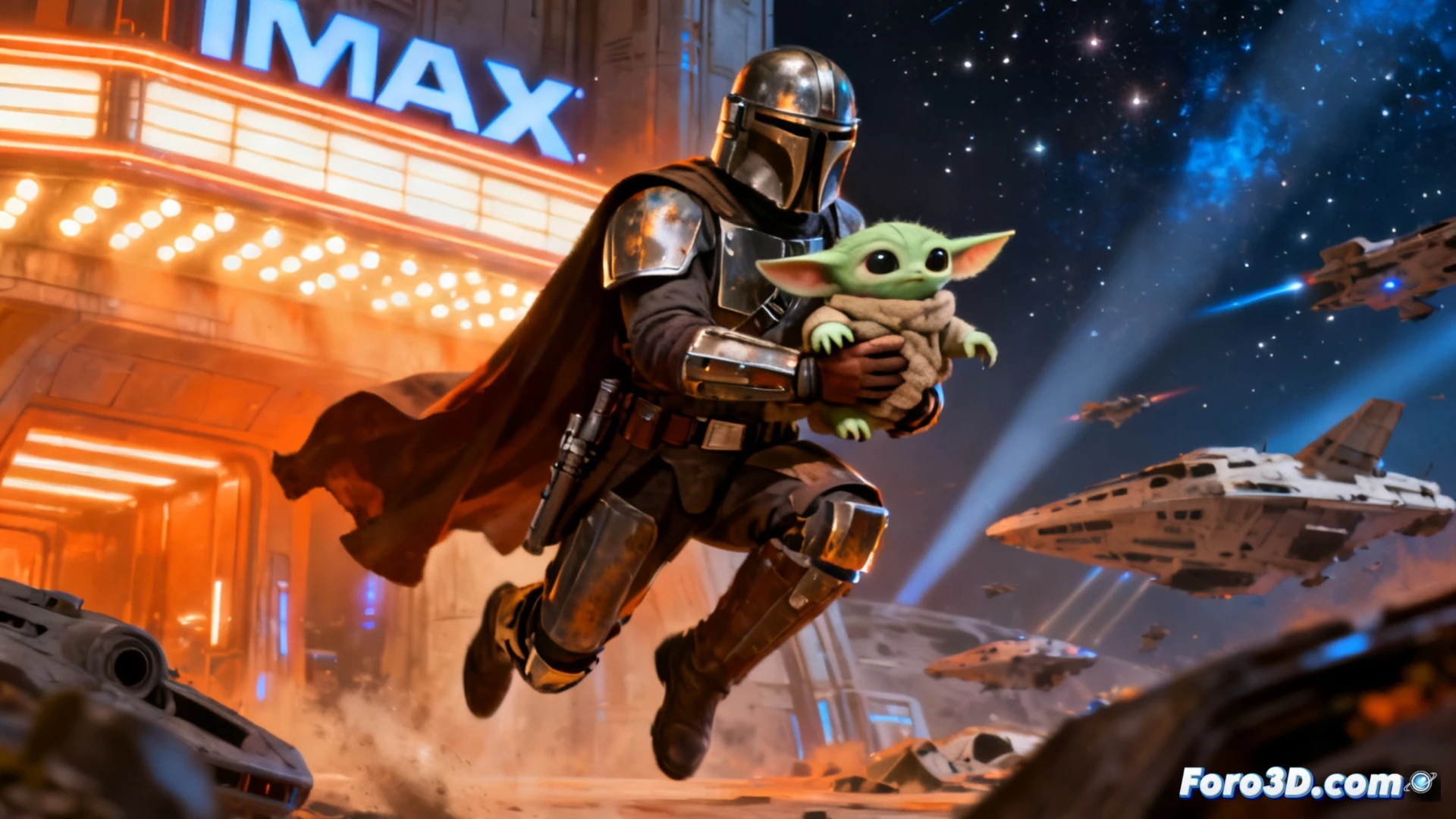 Mandalorian armorer forging Grogu's beskar helmet on a hovering anvil, sparks flying as a holographic schematic of the film's plot timeline projects beside them, Ghostbusters-style proton pack components and a lightsaber hilt visible on the workbench, cinematic technical illustration, photorealistic metal textures, dramatic forge lighting, motion blur on sparks, glowing hologram lines, deep shadows, ultra-detailed mechanical tools, engineering visualization