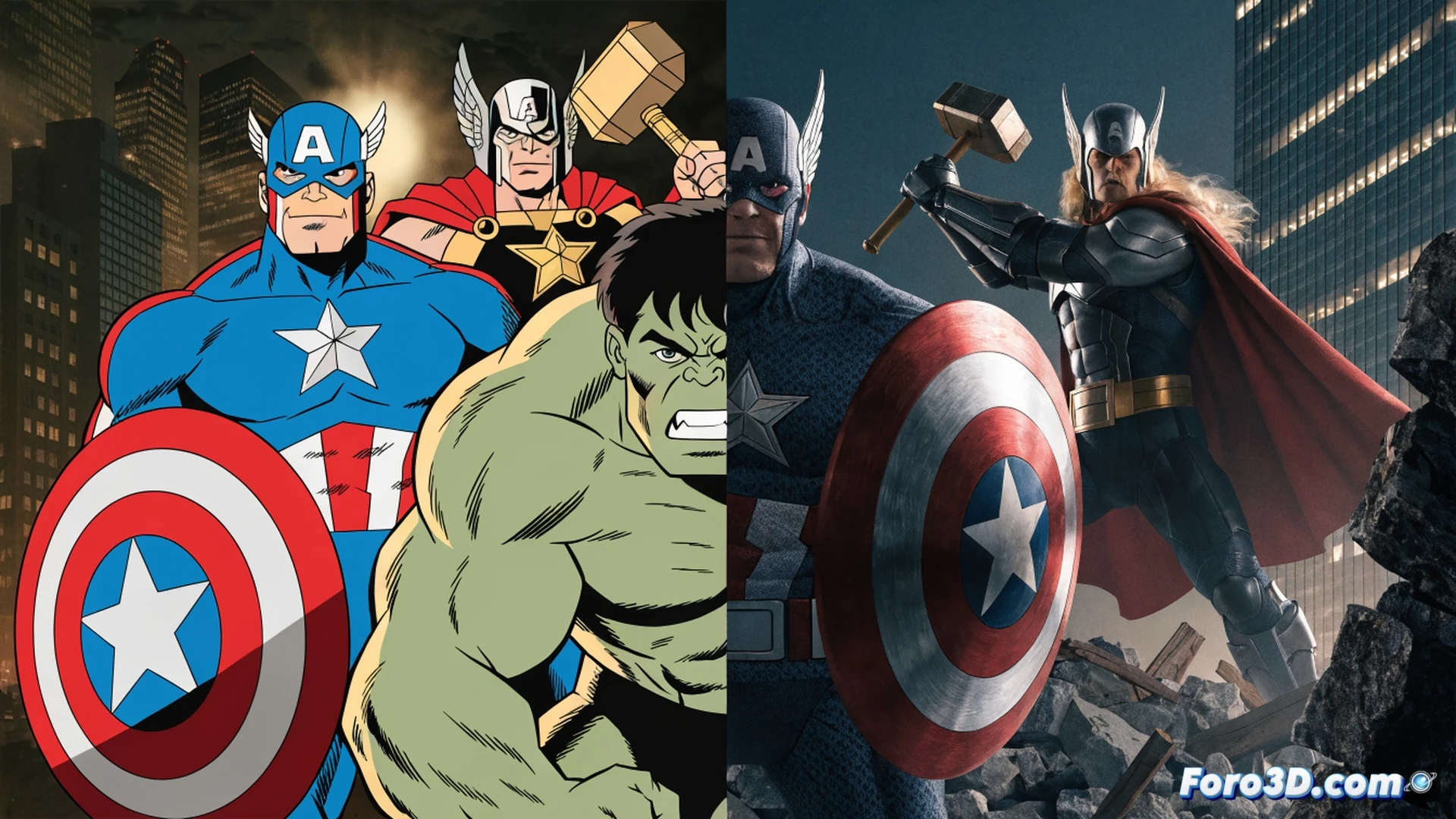 retro television set from 1966 displaying a comic-style animation cel, Captain America throwing his shield while Hulk smashes a wall behind him, Thor swinging Mjolnir mid-air, limited animation technique with visible comic panel borders and static backgrounds, vintage cathode ray tube glow, wooden TV cabinet with antenna, dust particles in warm broadcast light, cinematic documentary style, photorealistic 1960s living room setting, nostalgic technical illustration