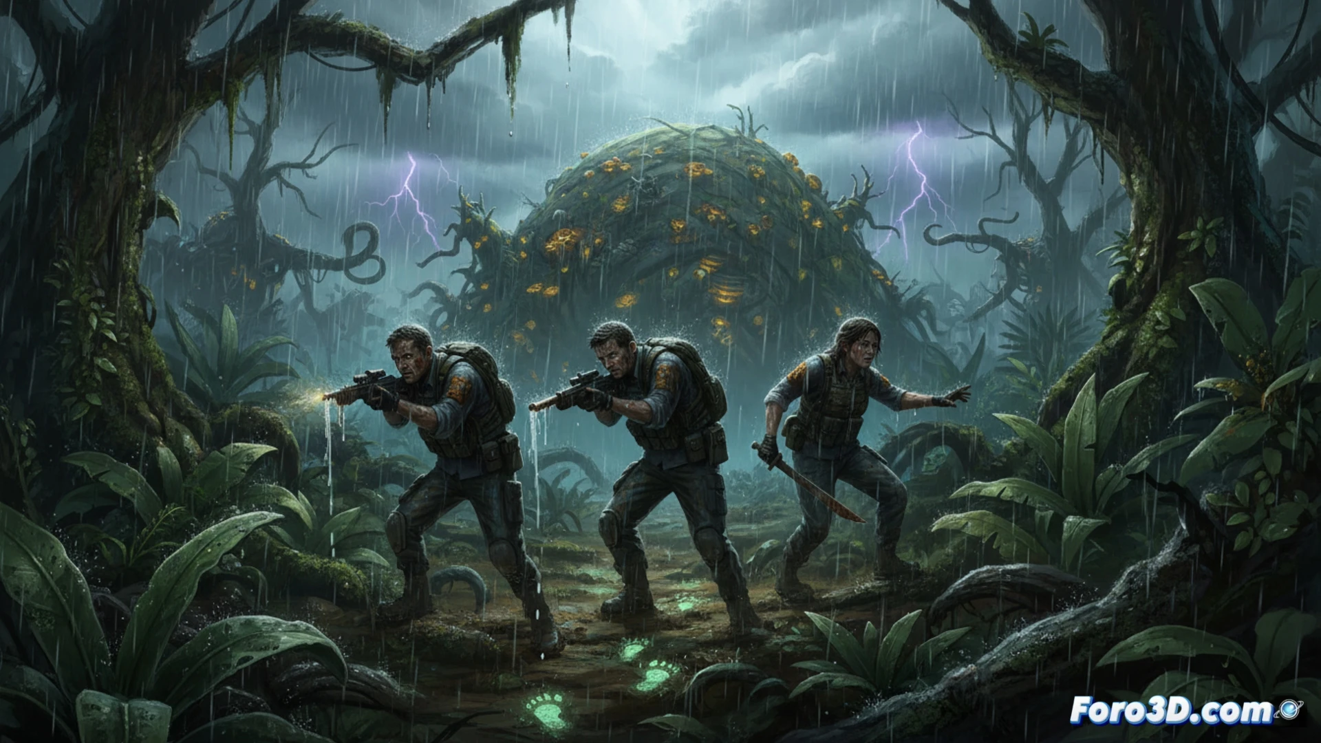 jungle extraction scene during torrential rain, a muddy boot stepping on a wet leaf triggering a visible ripple of motion in surrounding vines, a rain-soaked rifle with water droplets on the barrel jammed open, steam rising from a wet gunpowder cartridge, dense fog curling between dark tree trunks, a glowing moisture sensor on a wrist-mounted device detecting rising humidity, cinematic photorealistic technical illustration, high contrast dramatic lighting, water splash particles frozen mid-air, hyperdetailed organic textures, moss-covered roots, metallic equipment corroded by rain, tense atmosphere with green and grey colour palette