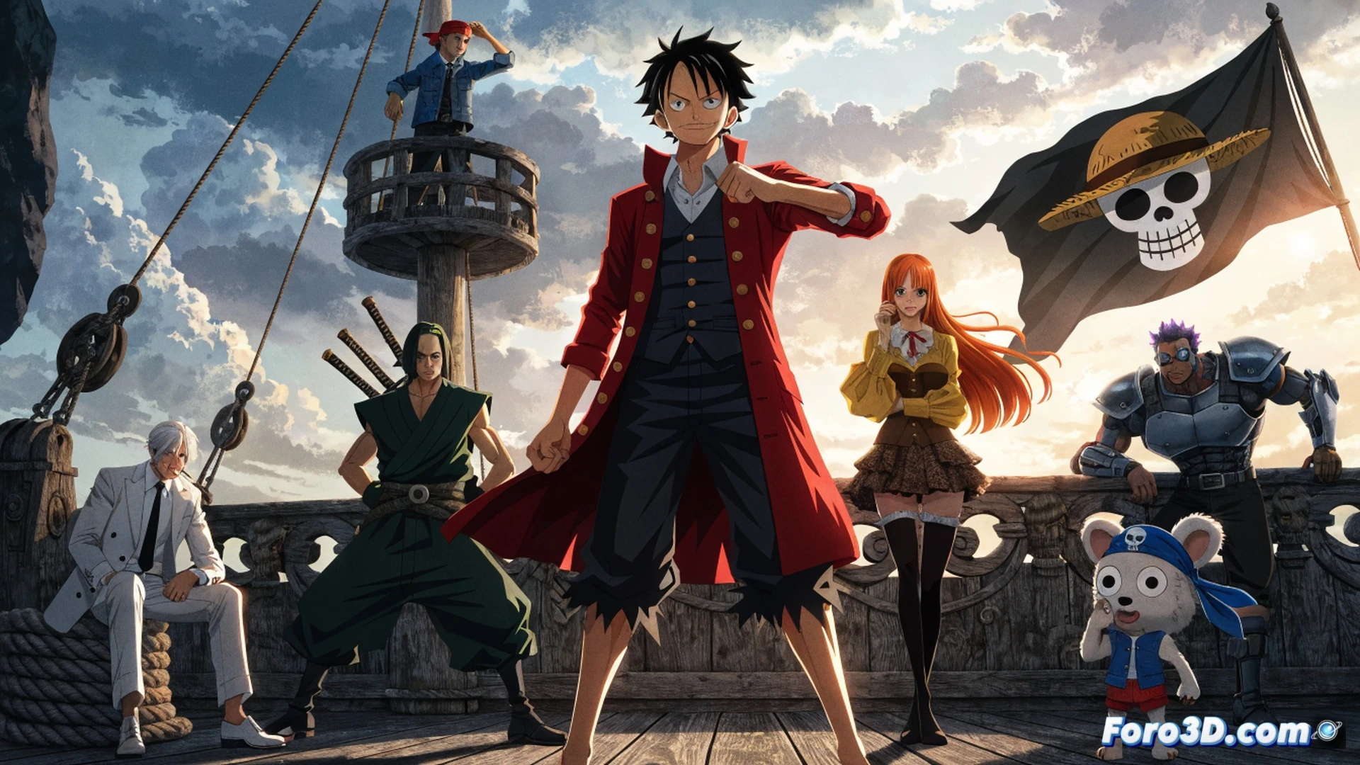 Anime character Monkey D. Luffy stretching his rubber arm forward while holding a pirate hat, action scene during a stormy sea battle on the Going Merry ship, wooden deck with splinters flying, rope rigging snapping, water spray hitting the camera lens, glowing red and gold light from a setting sun breaking through dark clouds, cinematic anime style, dynamic motion blur, particle effects for sea foam and debris, dramatic lighting contrast between shadow and sunlight, ultra-detailed hand-drawn textures, epic adventure atmosphere, photorealistic anime render