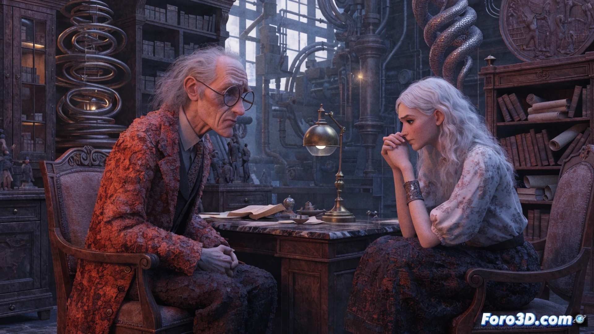 Animation frame of a therapist and patient in a dimly lit office, patient gripping a chair arm while a torn payment receipt floats between them, a small satellite-shaped lamp orbits overhead casting fragmented shadows, therapist’s hand reaching toward an empty chair where a ghostly sister figure fades, cinematic emotional visualization, warm amber light from desk lamp contrasting cold blue window light, subtle dust particles suspended in air, photorealistic character expressions, shallow depth of field focusing on the receipt’s torn edge, melancholic atmosphere, ultra-detailed textures on leather chair and wooden desk