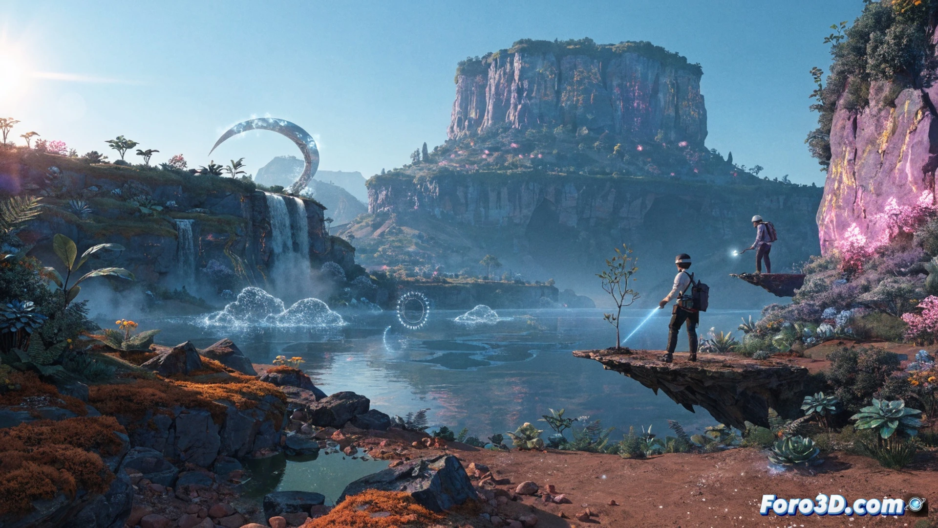futuristic terraforming machine on a barren alien planet, glowing blue energy beam melting rocky ground into green soil, player character in orange survival suit placing a water generator next to a growing plant, red dust particles floating in thin atmosphere, cinematic engineering visualization, dramatic sunset lighting, metallic structural beams covered in condensation, holographic progress interface projecting from a handheld scanner, ultra-detailed mechanical components with reflective surfaces, photorealistic technical render