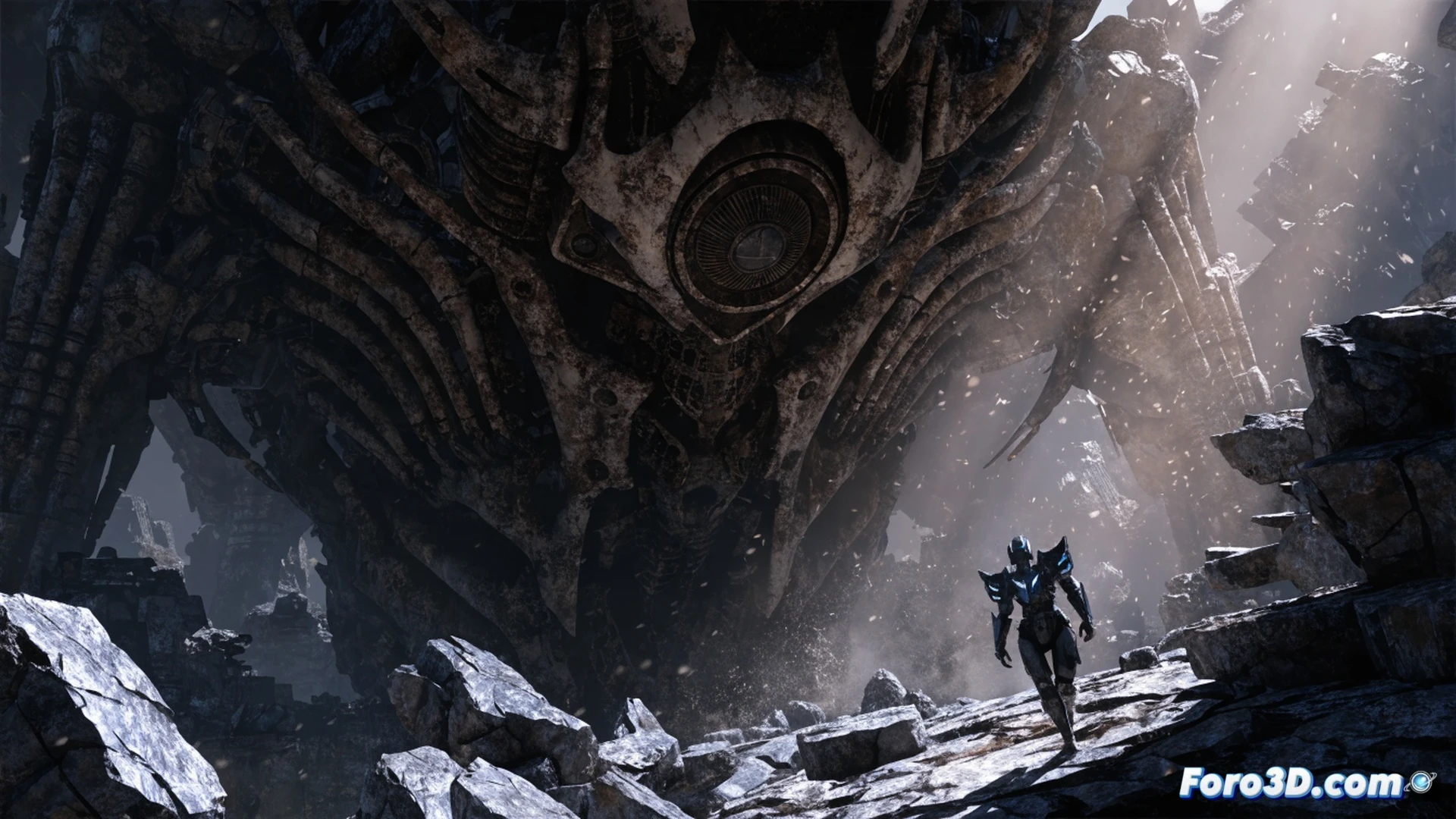 dark fantasy RPG action scene, a lone warrior with a glowing relic shard standing on a shattered stone bridge above a swirling void of purple energy, broken relic pieces floating in mid-air while a colossal crack in reality pulses with destructive light, warrior raising a sword embedded with blue circuitry toward a massive shadow creature emerging from the void, cinematic photorealistic technical illustration, dynamic combat pose, particle effects of dust and energy sparks, dramatic rim lighting, ultra-detailed armor with visible rivets and worn metal, realistic volumetric fog, epic scale with glowing energy tendrils, high-contrast chiaroscuro lighting, 8k render quality