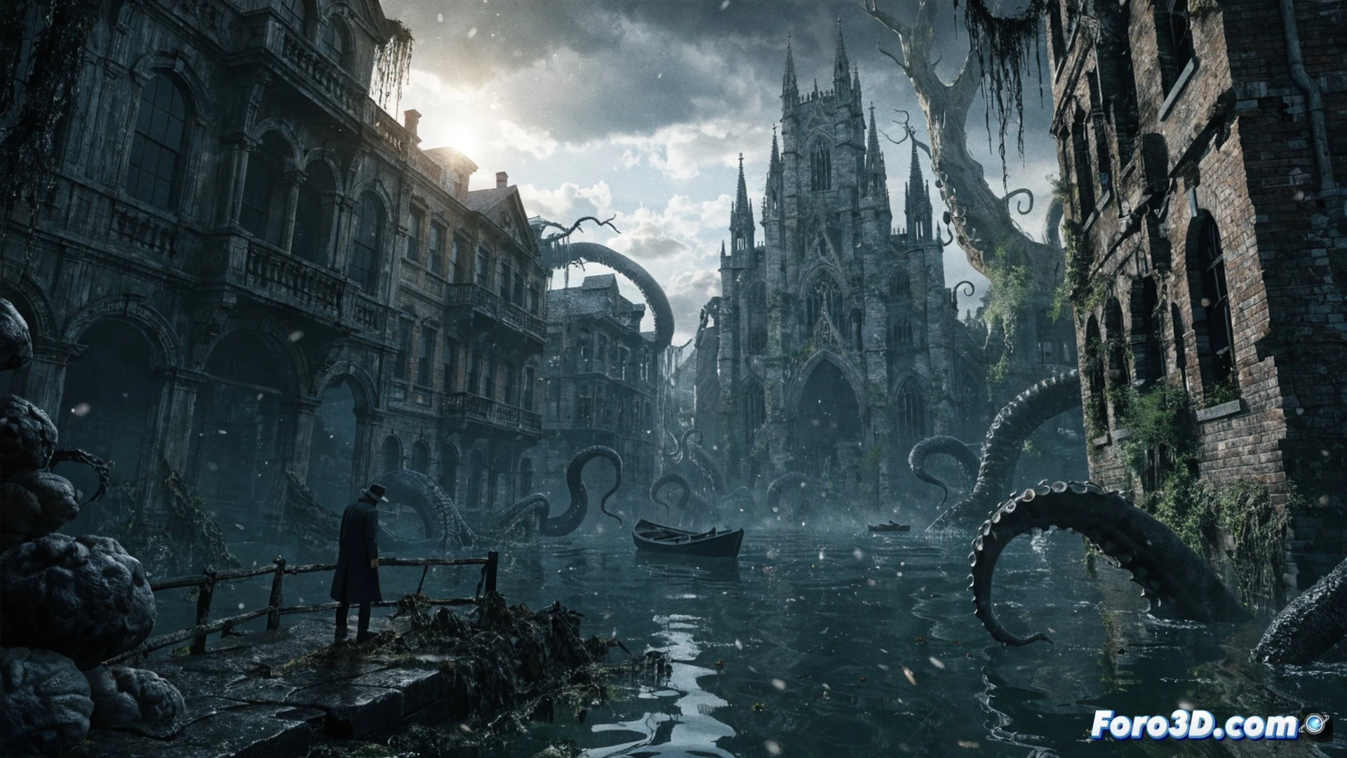 decaying Victorian street flooded waist-deep, protagonist wielding a rusted pipe wrench against a tentacled creature emerging from murky water, Unreal Engine 5 Lumen global illumination casting eerie reflections on wet cobblestones, water droplets suspended mid-air during the struggle, cracked brick buildings leaning into the flood, cinematic horror visualization, ultra-detailed textures on soaked wood and stone, dramatic volumetric fog from rising mist, photorealistic technical render, dynamic water surface with real-time ripples and foam