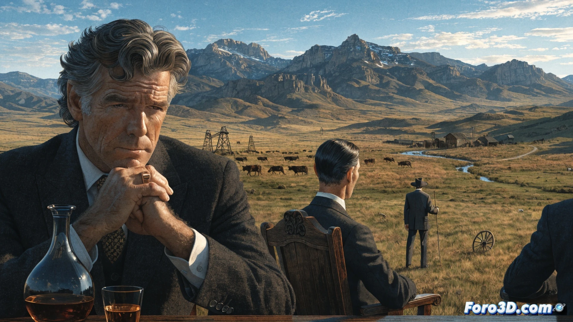 cinematic western landscape at sunset, a rugged cattle ranch with oil derricks rising in the background, Pierce Brosnan character in dusty leather jacket and cowboy hat standing beside a vintage pickup truck, holding a crude oil sample jar while a pipeline valve releases dark liquid, two men in business suits arguing near a metal windmill, horses tied to a wooden fence, oil drilling equipment and cattle herd visible, photorealistic technical illustration, dramatic golden hour lighting, deep shadows, dust particles in air, ultra-detailed leather textures and metal machinery, power and wealth contrast in frontier setting