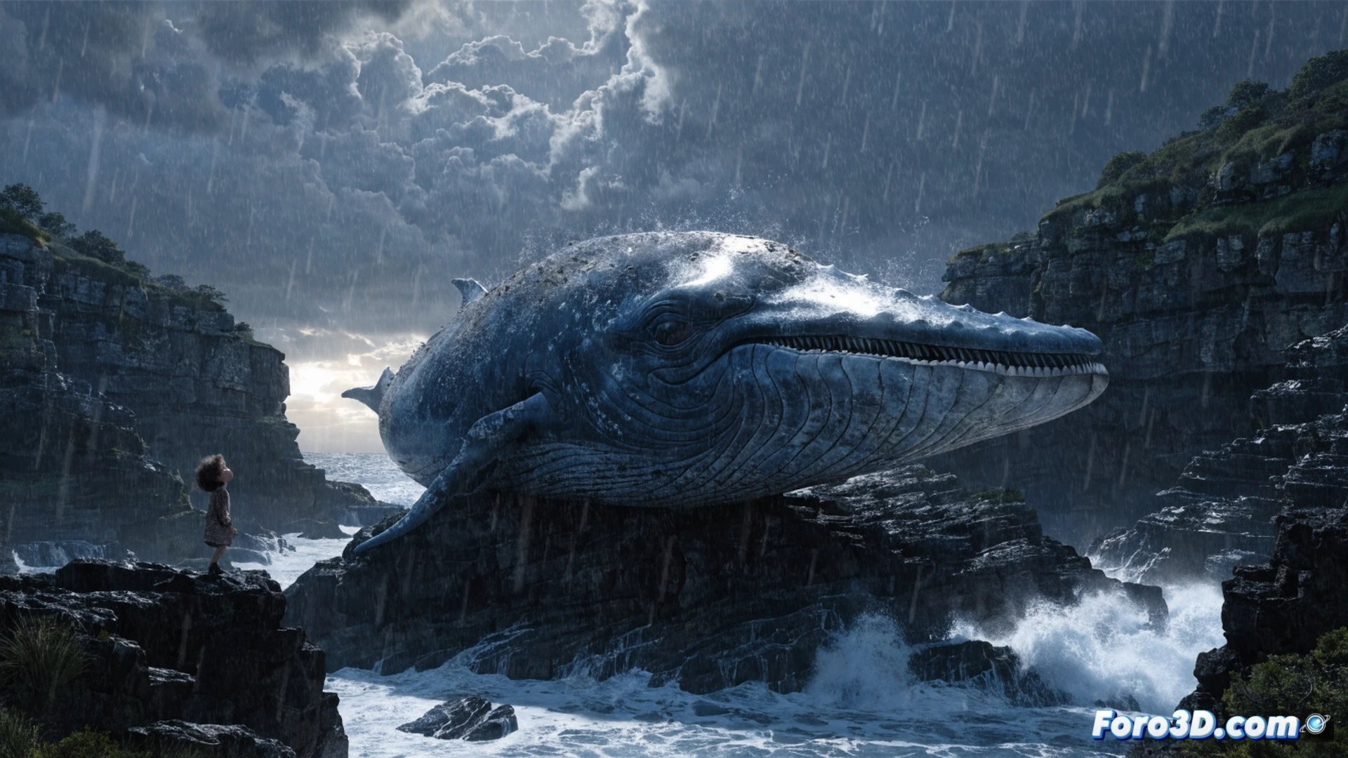 cinematic 3D animation scene of a small wooden fishing boat on a stormy sea at twilight, a young boy in a yellow raincoat kneeling beside a stranded baby whale on a rocky beach, water droplets and sea spray hitting the whale's skin, distant lighthouse beam sweeping across the dark waves, stylized painterly animation process visible through wireframe overlay and character rigging controls, digital sculpting tools floating in the foreground, soft watercolor textures mixed with photorealistic lighting, emotional close-up showing the boy's hand gently touching the whale's fin, glowing bioluminescent particles rising from the wet sand, dramatic storm clouds with lightning illuminating the scene, ultra-detailed environmental storytelling, technical animation interface with timeline sliders and keyframe markers faintly visible around the frame edges