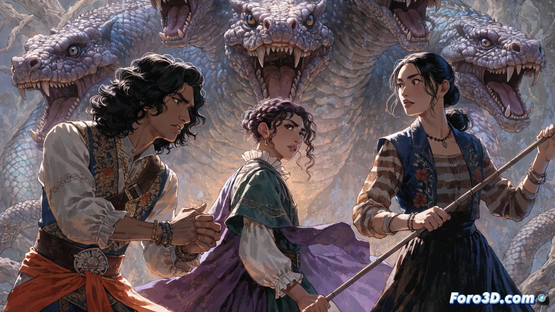 Three young warriors in 19th century Filipino baro’t saya and barong tagalog fighting a multi-headed hydra in a moonlit jungle ruin, one character using a glowing kampilan sword while another channels lightning from their hands, water splashing from the creature’s serpentine necks, ancient stone temple steps covered in moss, cinematic fantasy illustration, dynamic combat poses, dramatic chiaroscuro lighting, mystical blue and green bioluminescent spores floating in the air, ultra-detailed scales and fabric textures, epic action scene showing the moment a severed hydra head begins to regrow, romantic tension between two characters locking eyes mid-battle, photorealistic fantasy render with volumetric fog