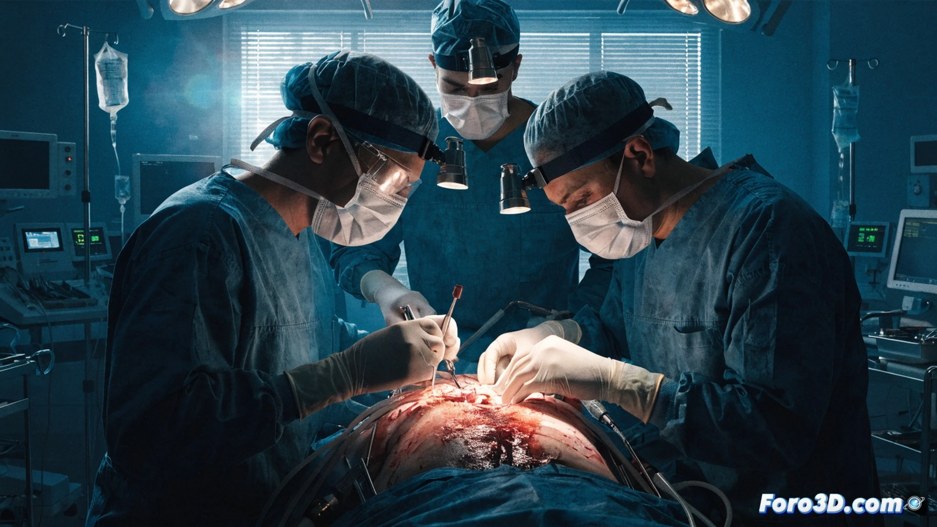 emergency trauma surgeon performing high-risk chest surgery in a brightly lit operating room, blood splatter on surgical tools, a glowing heart monitor showing erratic vitals, a digital tablet displaying the Netflix streaming interface with a green checkmark icon, medical team in blue scrubs moving urgently around the table, surgical lights reflecting off stainless steel instruments, dramatic cinematic lighting with deep shadows and intense highlights, photorealistic medical drama aesthetic, hyper-detailed textures on skin and fabric, action during a critical life-saving procedure
