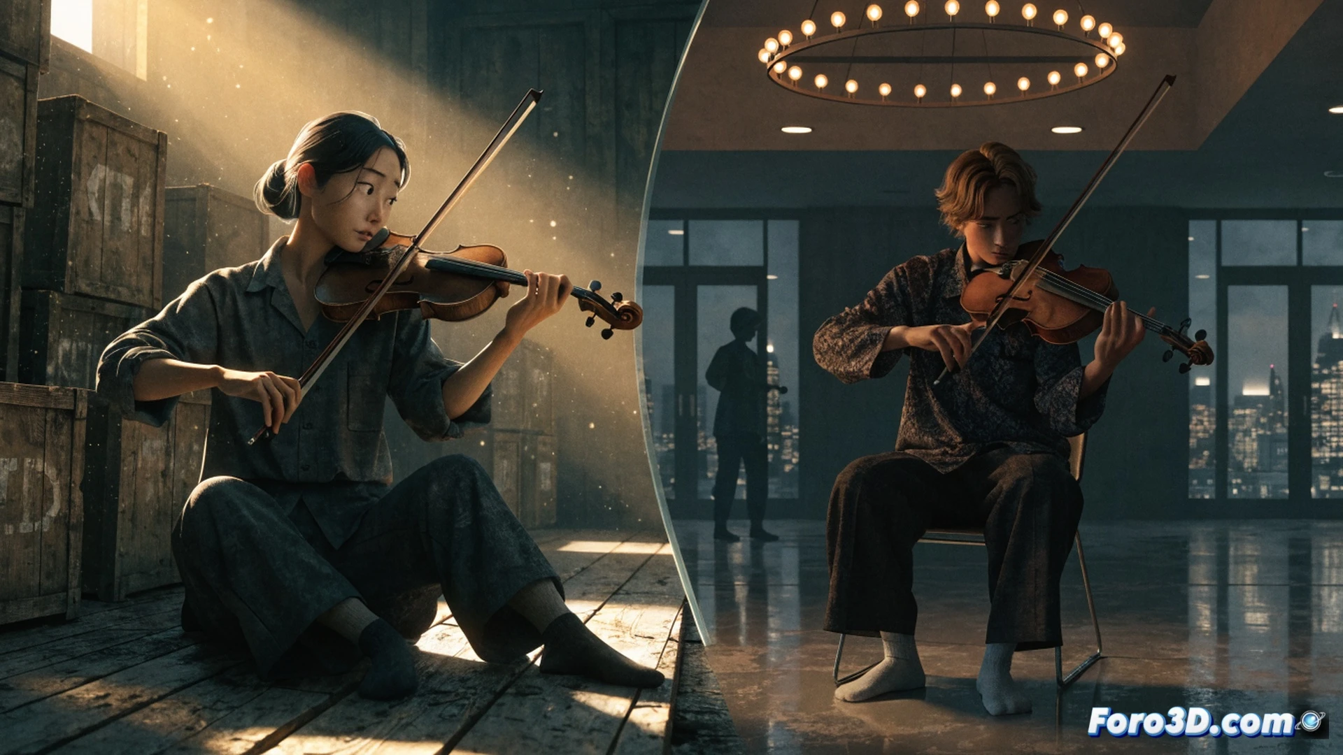 two animated musicians in a war-torn street, one holding a violin mid-bow stroke while the other reaches out across a rubble barrier, aged hands transforming into youthful hands during a glowing time-skip transition, musical notes floating upward as broken concrete cracks reveal blooming flowers, cinematic animation style, soft golden hour lighting contrasting with smoky grey skies, detailed character expressions showing sorrow and hope, motion blur on violin strings, stylized 2.5D parallax depth, international co-production visual blending Singaporean heritage motifs with European animation techniques, emotional storytelling through body language, dramatic chiaroscuro shadows, photorealistic textures on instruments, glowing particle effects around the bow