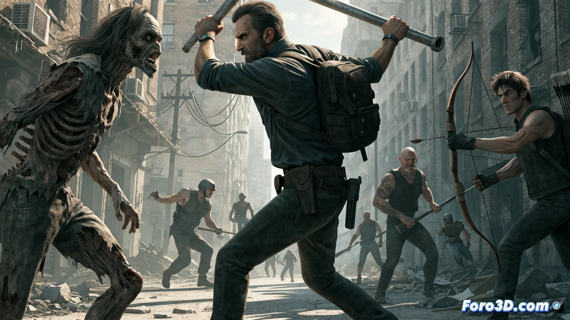 zombie street brawl action scene, Rick Grimes swinging a baseball bat at an approaching zombie horde, Daryl Dixon firing a crossbow from behind a broken car, urban street with smashed storefronts and overturned vehicles, glowing neon signs flickering overhead, blood splatter on concrete, dust particles in dramatic side lighting, cinematic action shot, photorealistic game engine render, motion blur on zombie arms reaching forward, debris flying from impact, dark stormy sky with smoke, ultra-detailed zombie textures, dramatic red and orange lighting