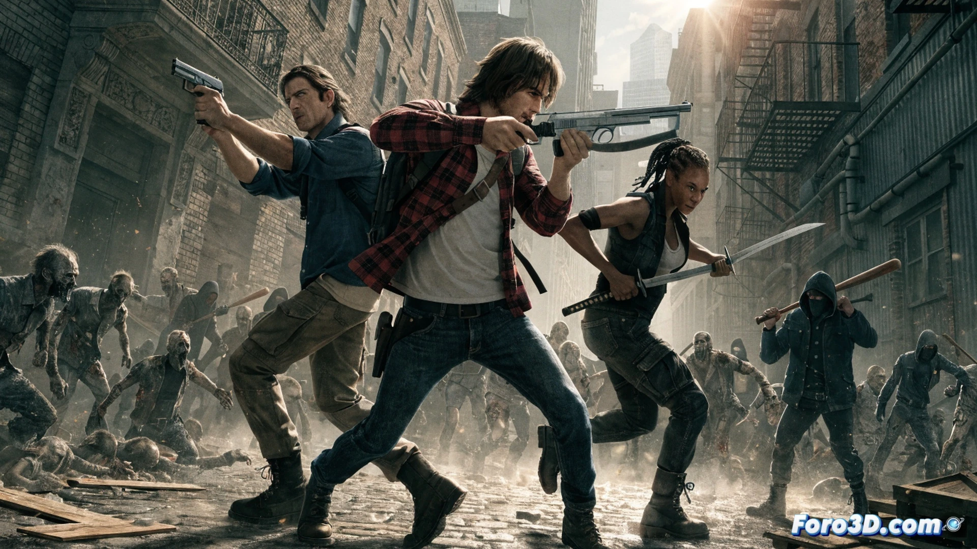 Pixel-art zombie horde charging through a ruined city street, Rick aiming a crossbow from behind a barricade of wooden planks and steel barrels, Daryl swinging a baseball bat at a mutated walker, Michonne katana mid-swing slicing through a decaying arm, retro CRT monitor glow effect on the scene, 16-bit color palette with neon green and blood red highlights, pixelated blood splatter particles, technical illustration style, cinematic action pose, glowing health bar UI overlay, dark atmospheric shadows, nostalgic arcade machine aesthetic, ultra-detailed pixel textures, dramatic lighting from a flickering streetlamp, photorealistic pixel art render.