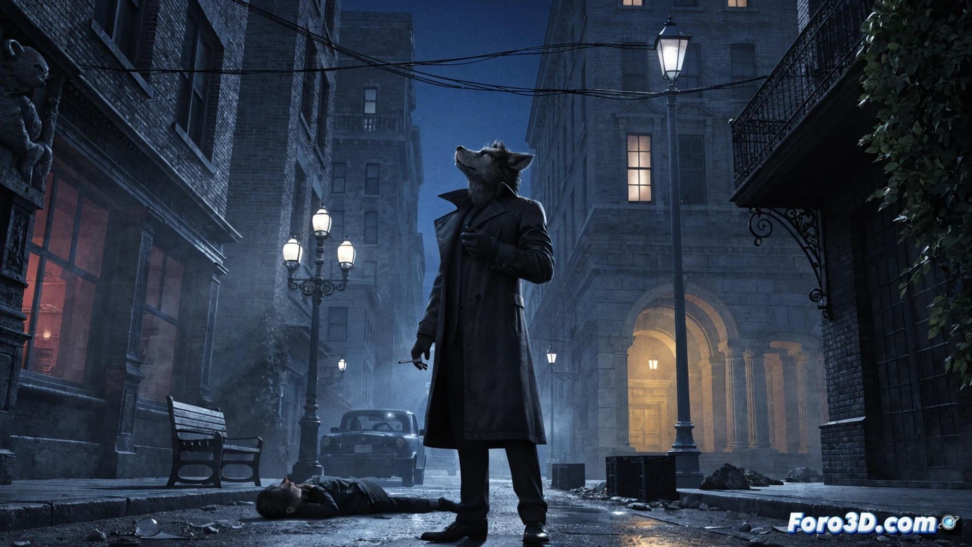 Bigby Wolf silhouette walking through rain-soaked alley at night, neon signs reflecting on wet pavement, torn detective coat and glowing wolf eyes, steam rising from manhole covers, shadowy figure holding a knife in doorway, noir mystery atmosphere, cinematic lighting with deep shadows and blue-tinted highlights, dark urban fantasy style, action showing Bigby clenching fists mid-investigation, crumbling brick walls and flickering streetlamp, photorealistic render, dramatic contrast between light and darkness, gritty Fabletown streets