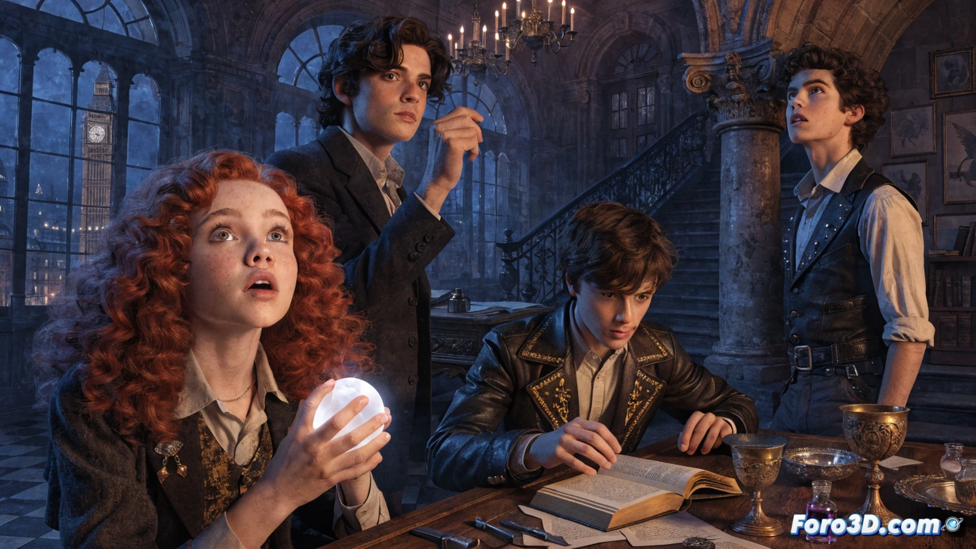four young magicians in London at night, standing on a cobblestone alley near the Magic Circle headquarters, one child levitating a glowing pocket watch while another examines a hidden surveillance device behind a brick, a third child pointing at a mysterious symbol carved into a wooden door, cinematic animation style, dramatic street lamp lighting casting long shadows, mist rising from the Thames, magical sparks floating in the air, photorealistic 3D render with slight stylization, detailed Victorian architecture, action showing discovery and conspiracy, technical illustration aesthetic