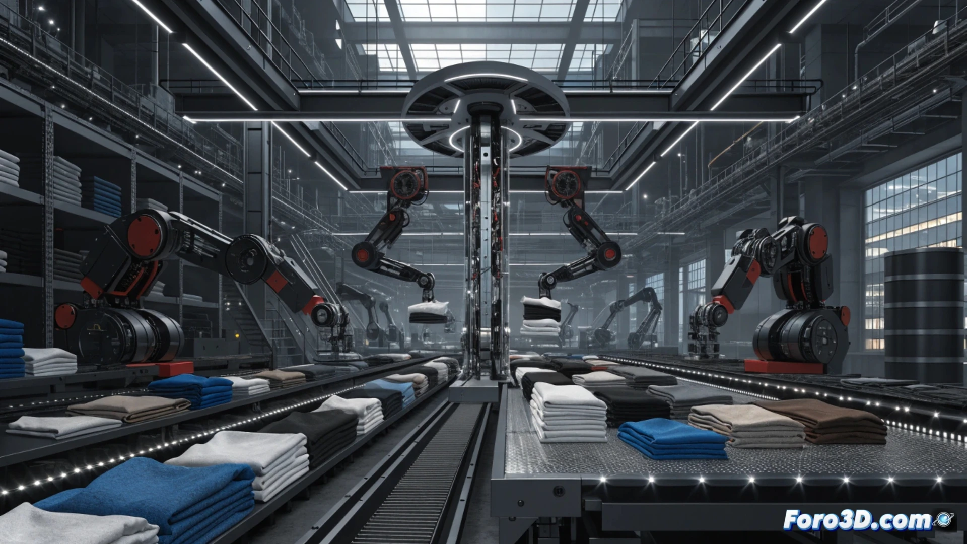 Industrial robotic arm with soft grippers folding a white t-shirt on a conveyor belt, fabric being precisely aligned by machine vision sensors, overhead laser guides projecting fold lines, automated sewing machines in background, Catalan factory floor with multiple robot stations, Inditex garment racks, blue and silver metallic robotic joints, pneumatic tubes moving folded clothes, photorealistic engineering visualization, bright LED factory lighting, motion blur on robotic actuators, detailed mechanical linkages, clean sterile production environment