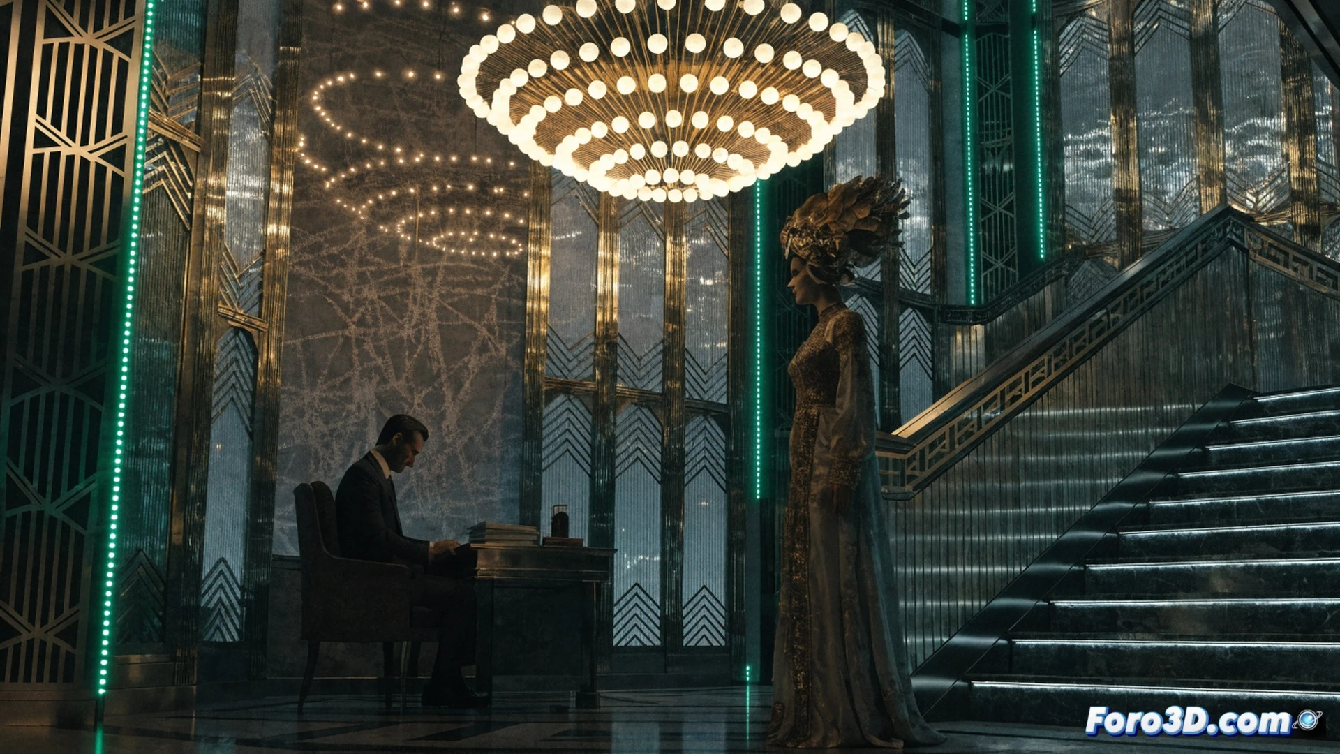 Art Deco hotel lobby scene bathed in shifting colored light, a lone figure standing still near a grand piano while light beams from hidden sources sweep across geometric wall patterns, Unity engine interface overlay showing real-time color palette adjustments synced to ambient music cues, no jump scares only dense atmospheric tension, cinematic photorealistic technical illustration, warm amber and deep teal gradients clashing on polished marble floors, metallic Art Deco railings reflecting soft glows, volumetric fog settling around vintage furniture, dramatic theatrical lighting design, ultra-detailed architectural render