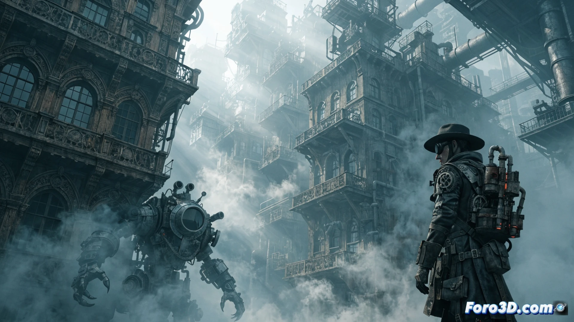 steampunk airship deck scene in Unreal Engine 5, volumetric fog rolling across brass and copper machinery, player character crouched behind a steam pipe while a clockwork enemy emerges from the mist, glowing particle systems revealing dust motes and steam jets, dynamic lighting from a flickering gas lamp casting long shadows, cinematic photorealistic technical illustration, dense atmospheric fog acting as gameplay mechanic, tension and stealth action, ultra-detailed mechanical components, riveted metal surfaces, dark oppressive mood