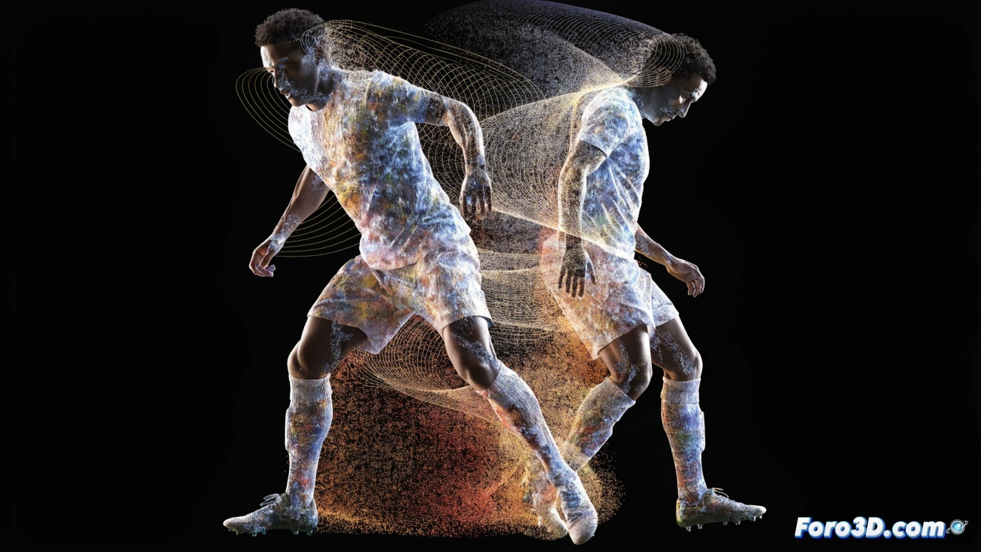 medium shot of a football player in motion, performing a 360-degree spin while receiving a pass, pressure from an opponent closing in, volumetric 3D motion capture dots and skeletal wireframe lines overlaying the player’s body, transparent blue and red trajectory arcs tracing the ball path and foot pivot, glowing heatmap patterns on the grass showing unique spatial occupancy, soccer field visible with stadium lights, technical engineering visualization style, clean white and cyan color palette, high contrast, sharp edges, photorealistic render of biomechanical data