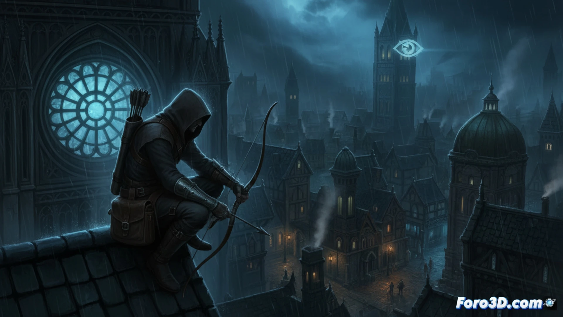 stealth game protagonist crouching in shadowy stone corridor, flickering torchlight casting long shadows, guard patrolling with lantern while thief aims mechanical arrow at oil lamp above, Keeper glyphs glowing faintly on walls, metallic lockpicks and rope arrow visible on leather belt, dark cobblestone floor reflecting dim light, Nightdive Studios remastered visual style, cinematic photorealistic rendering, volumetric fog and dynamic lighting, ultra-detailed stone textures, 1998 gothic architecture reimagined, motion blur on guard footsteps, tense moment before distraction action