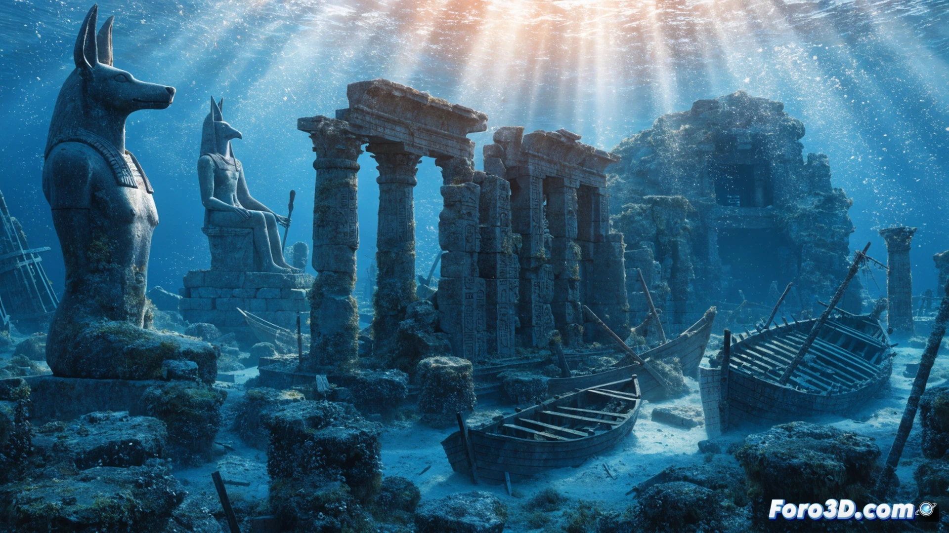 Submerged Egyptian temple complex during earthquake collapse, colossal granite statues of pharaohs toppling into churning Mediterranean waters, stone pillars fracturing while hieroglyph-covered walls slide beneath waves, ancient wooden ships breaking apart against submerged quays, golden sunlight filtering through murky water illuminating clouds of silt and debris, cinematic photorealistic underwater archaeology visualization, dramatic destruction sequence frozen in time, ultra-detailed stone textures, coral encrustations forming on fallen obelisks, dynamic water caustics and particle turbulence, wide-angle perspective showing entire sunken cityscape