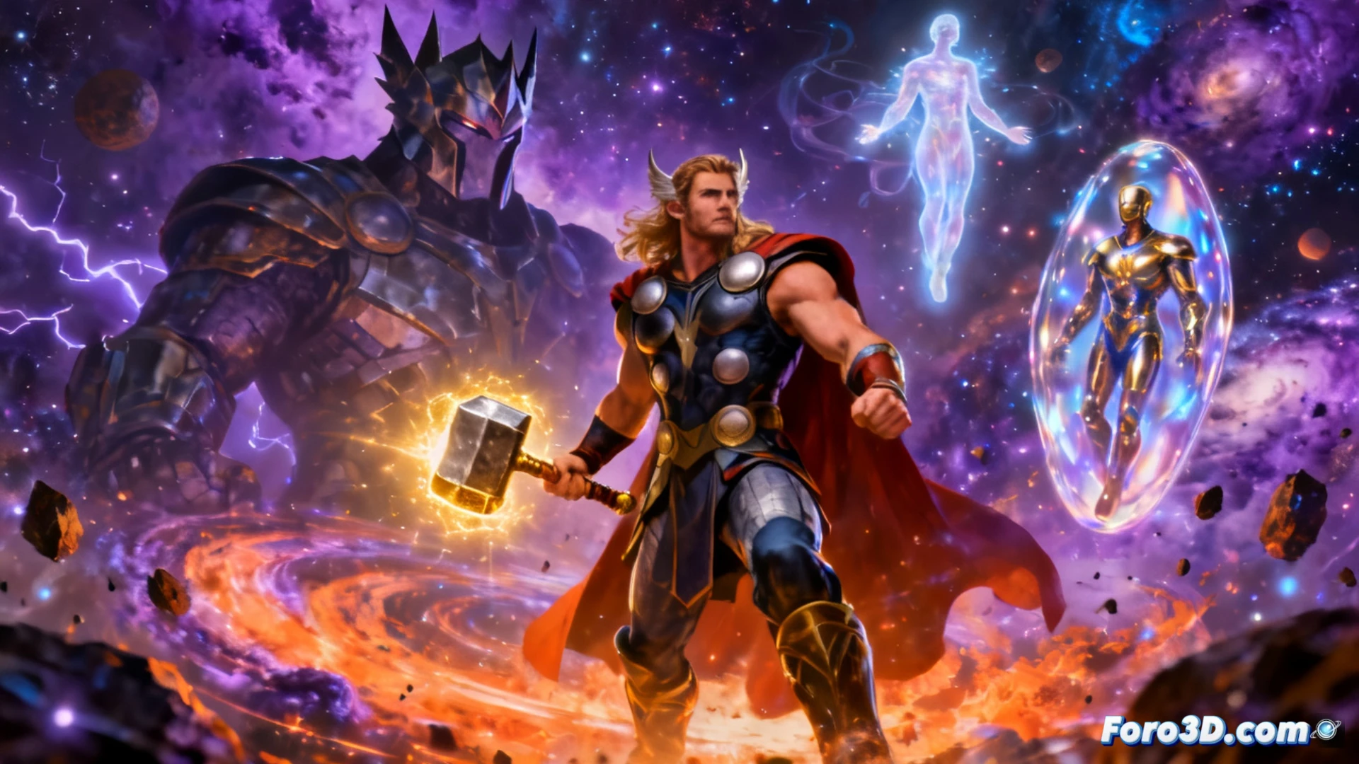 cosmic battle scene from Thor comic issue 162, Thor wielding Mjolnir mid-swing against Pluton and the entity called Him, energy arcs crackling between them, Kirby-style cosmic background with swirling galaxies and abstract energy patterns, dramatic lighting highlighting metallic armor textures, dynamic action pose demonstrating Thor's thunderous attack, retro comic aesthetic with bold shadows and vibrant colors, detailed linework reminiscent of Jack Kirby's pencil art, cinematic composition with deep space void in background, photorealistic render of classic Marvel superhero art style