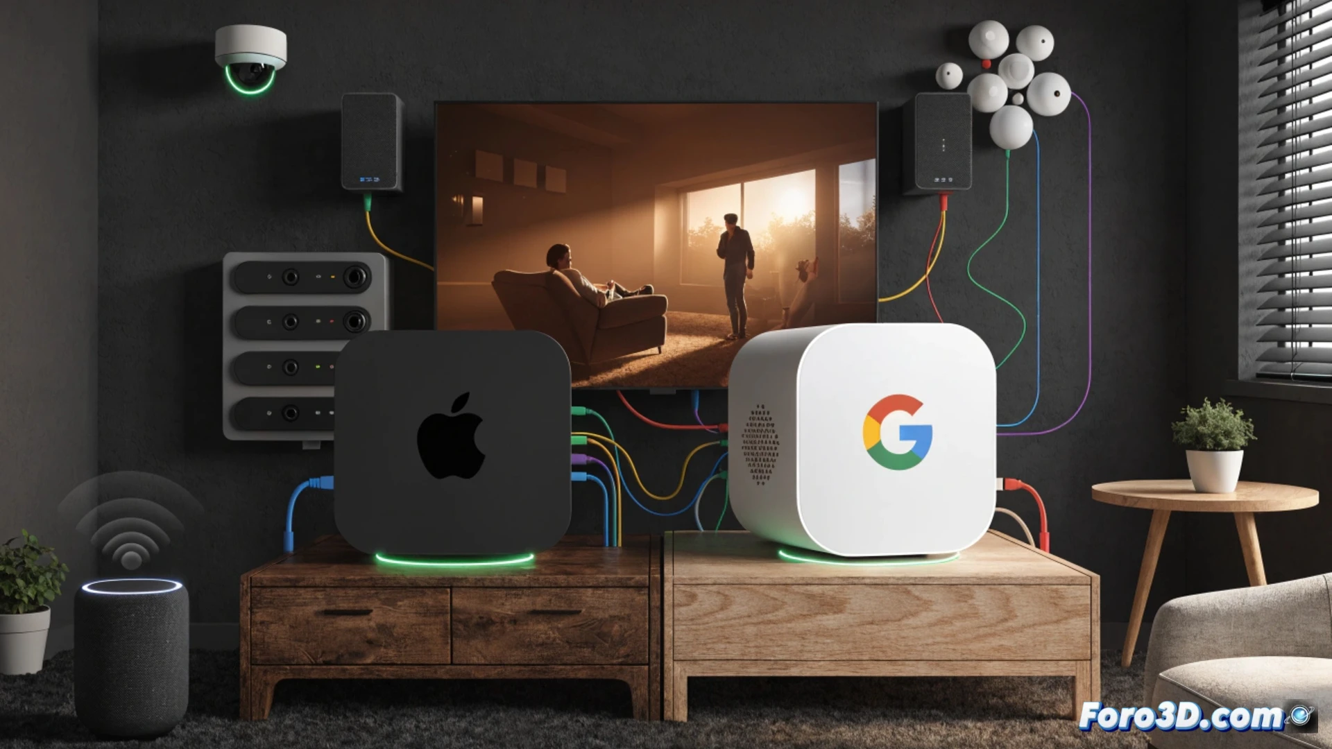 smart home devices connecting seamlessly, Apple TV and Google TV Streamer side by side on a wooden shelf, glowing Thread network icons floating between them, digital credential sharing animation showing a password transferring wirelessly between the two devices, simplified network integration process visualized as merging blue and green light streams, photorealistic technical illustration, warm ambient room lighting, sleek metallic and matte black device surfaces, soft shadows, clean minimalist interior, ultra-detailed hardware textures, calm futuristic home automation scene